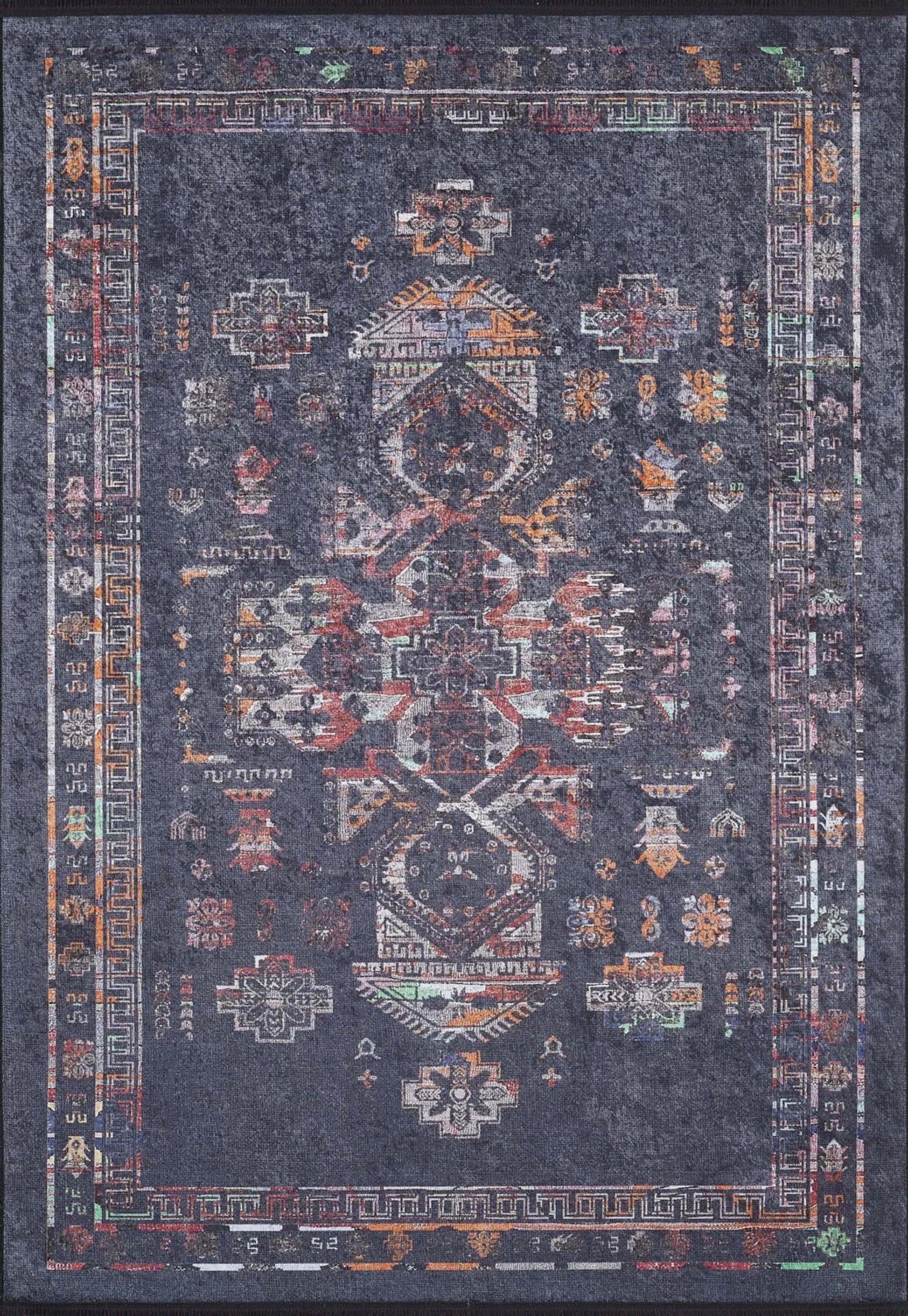 Etnik Desenli Siyah Koyu Gri Halı