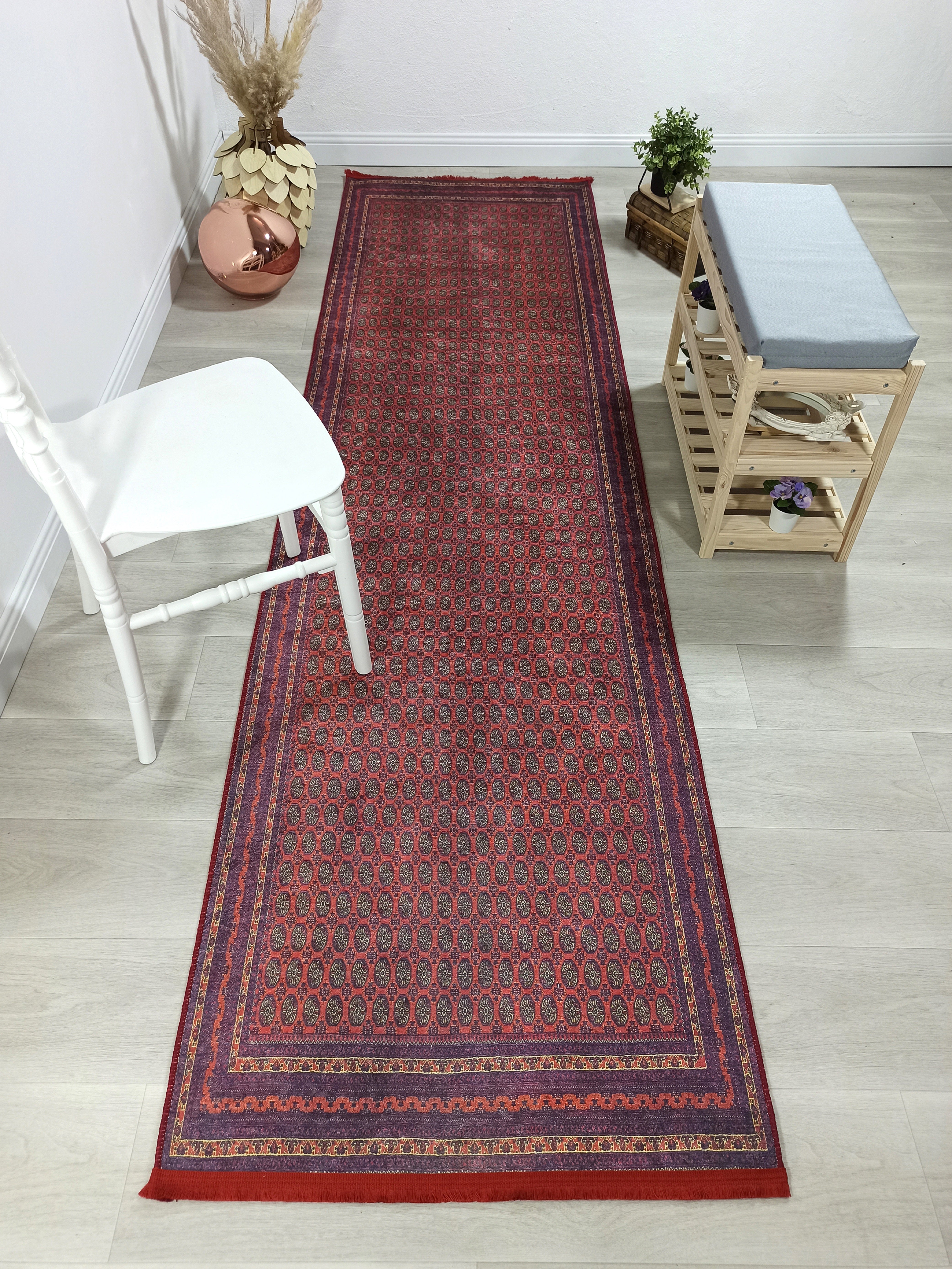 Klasik Bordo ve Lacivert Geometrik Desenli Geleneksel Halı - OUTLET - 46OU