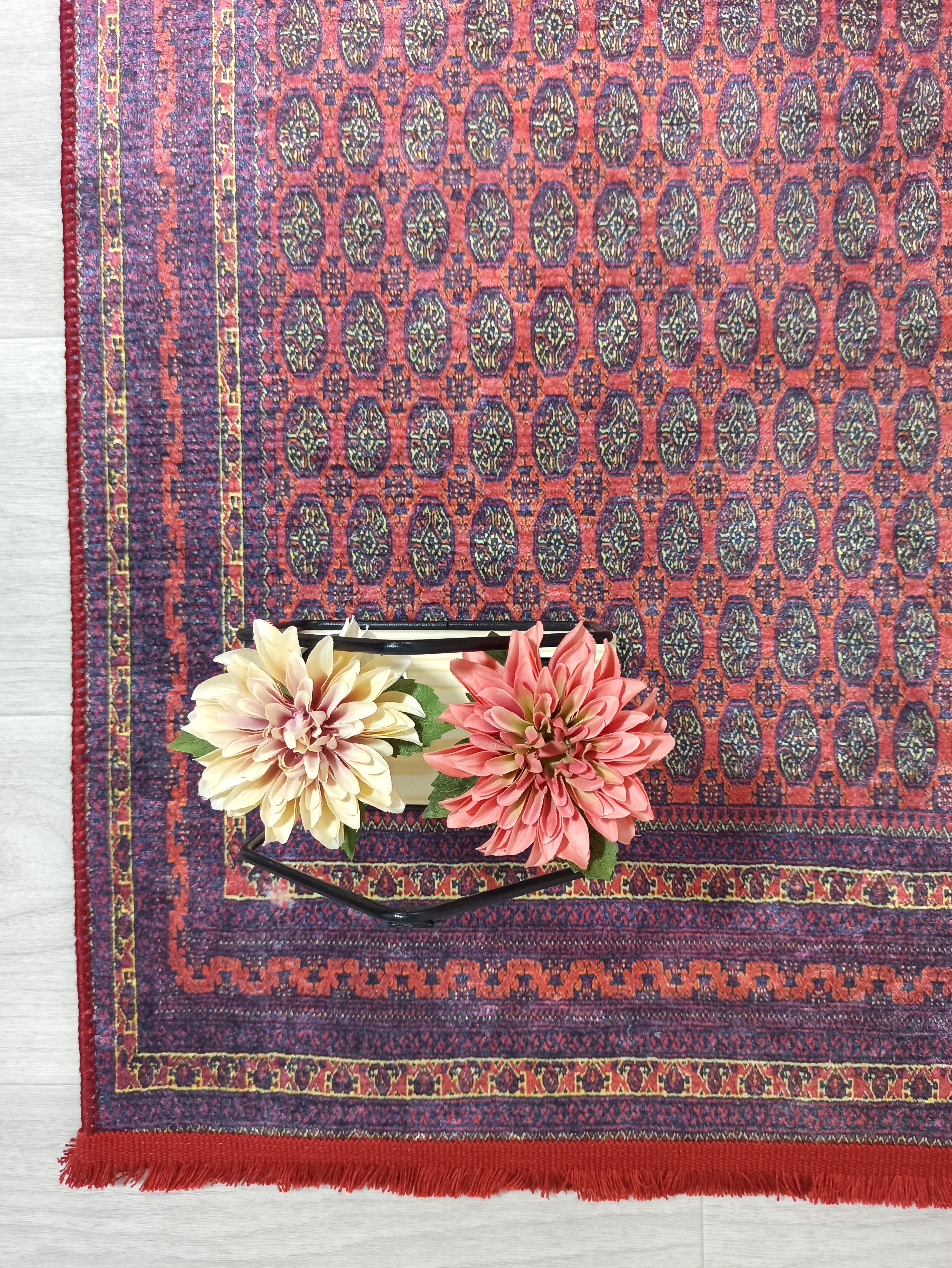 Klasik Bordo ve Lacivert Geometrik Desenli Geleneksel Halı - OUTLET - 46OU