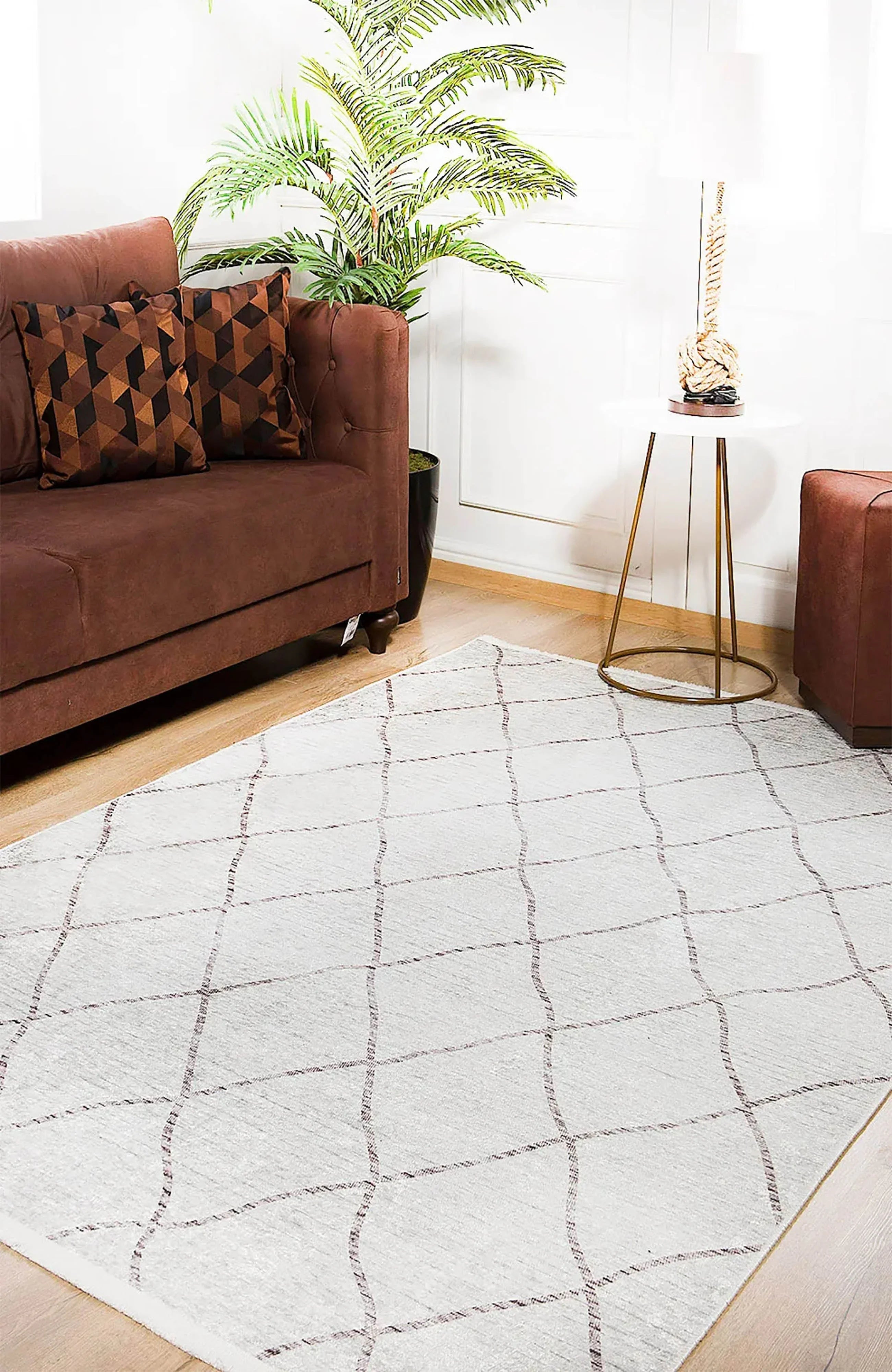 Fas Tarzı Krem Geometrik Modern Lüks Halı