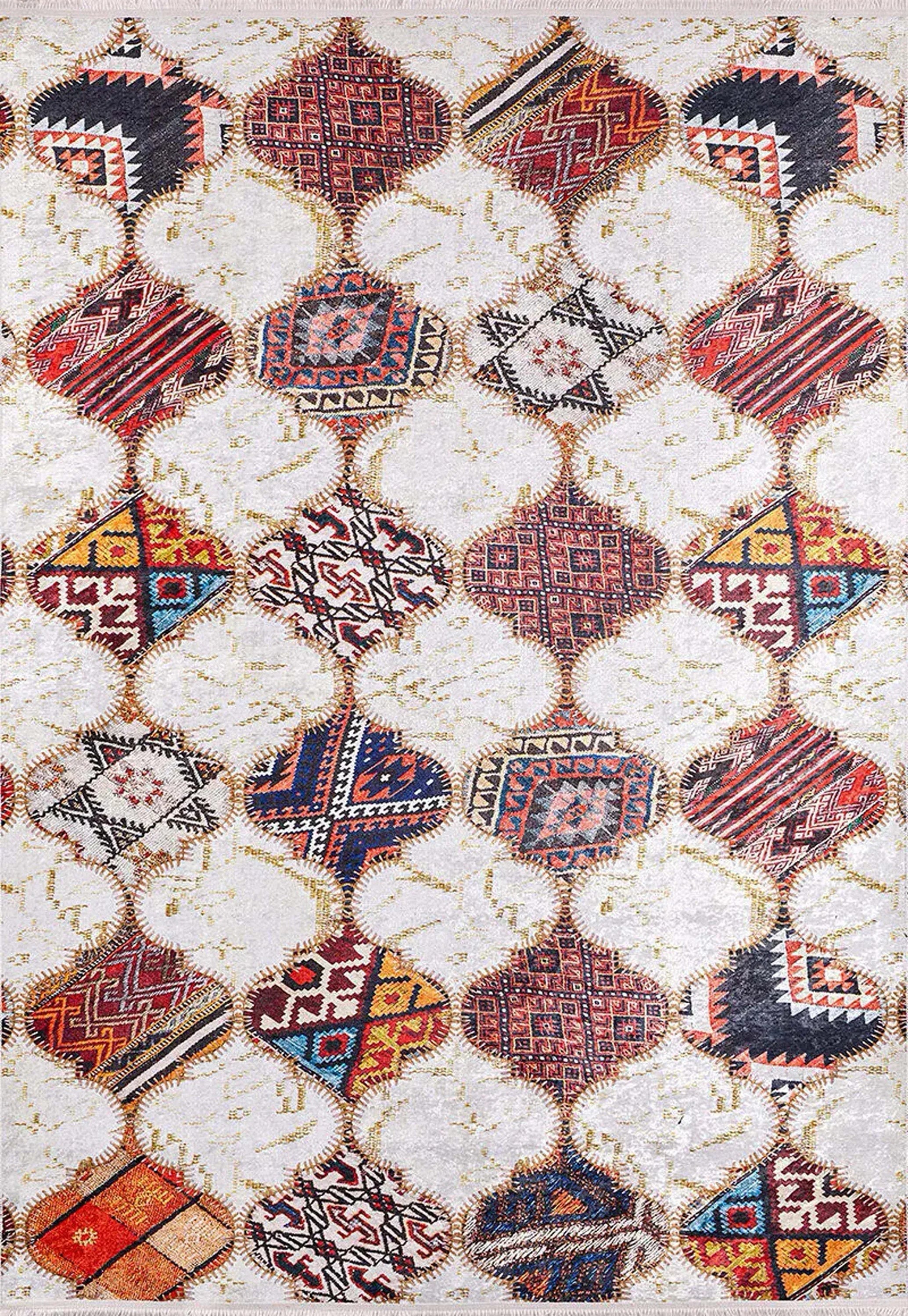 Fas Tarzı Renkli Petek Desenli Patchwork Görünümlü Halı