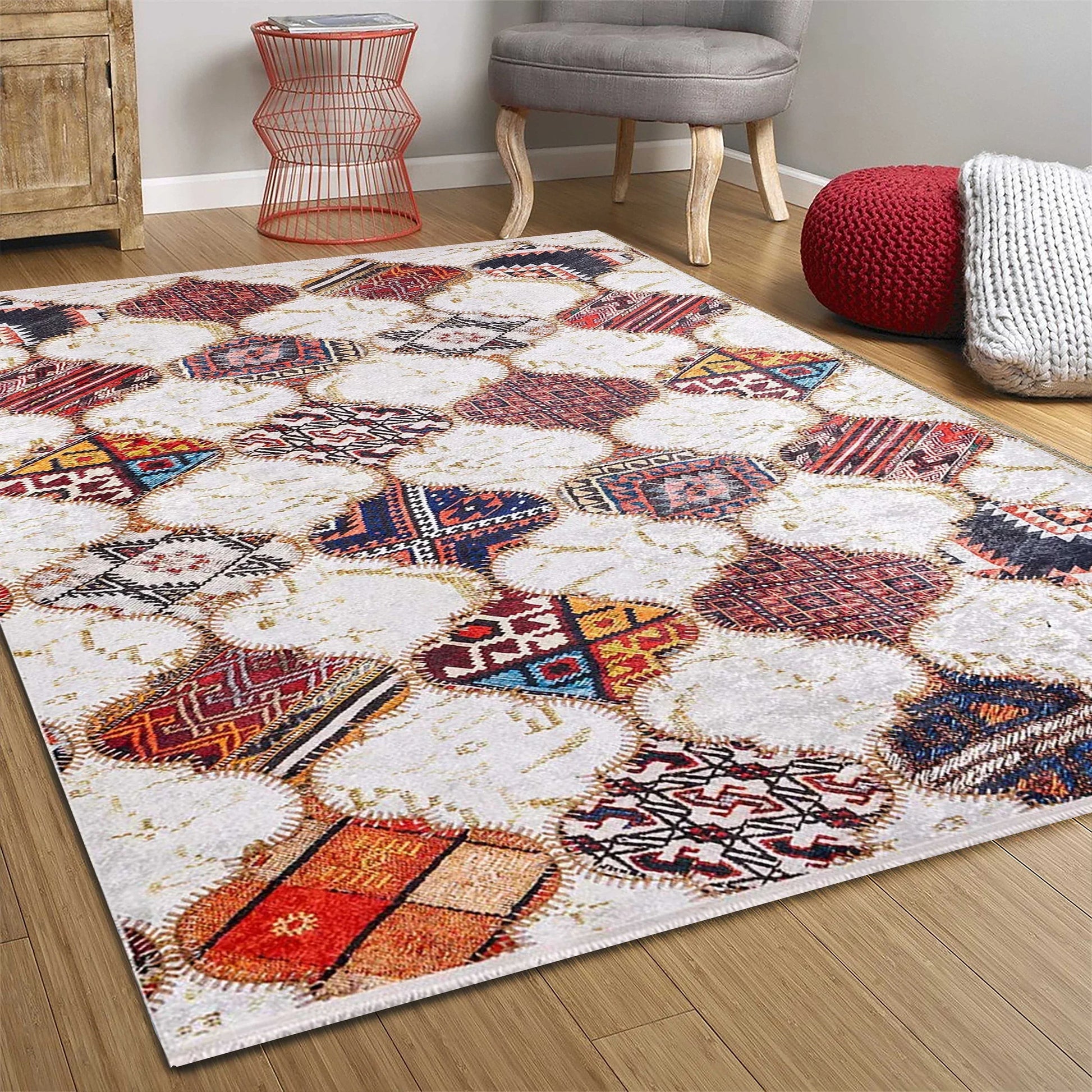 Fas Tarzı Renkli Petek Desenli Patchwork Görünümlü Halı