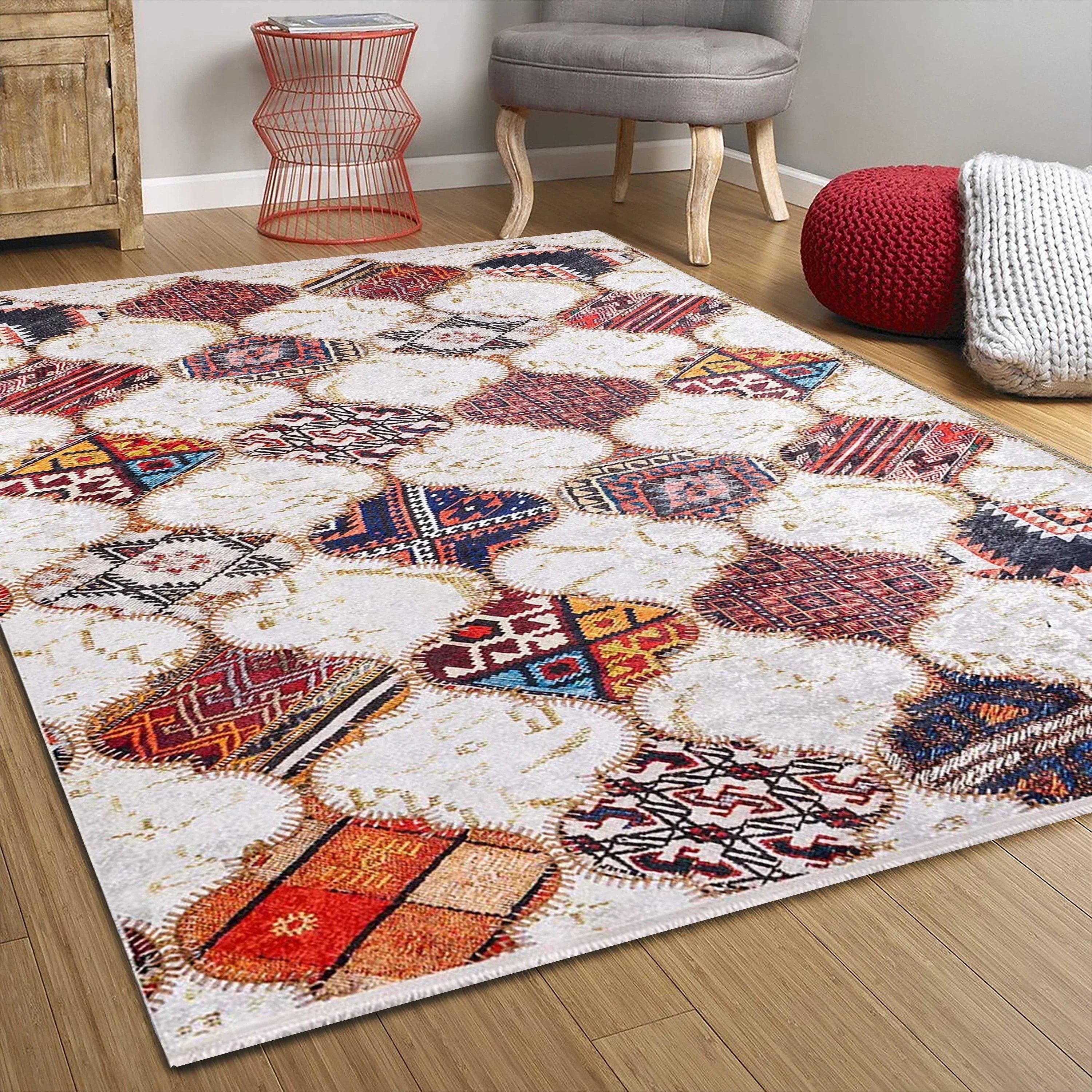 Fas Tarzı Renkli Petek Desenli Patchwork Görünümlü Halı