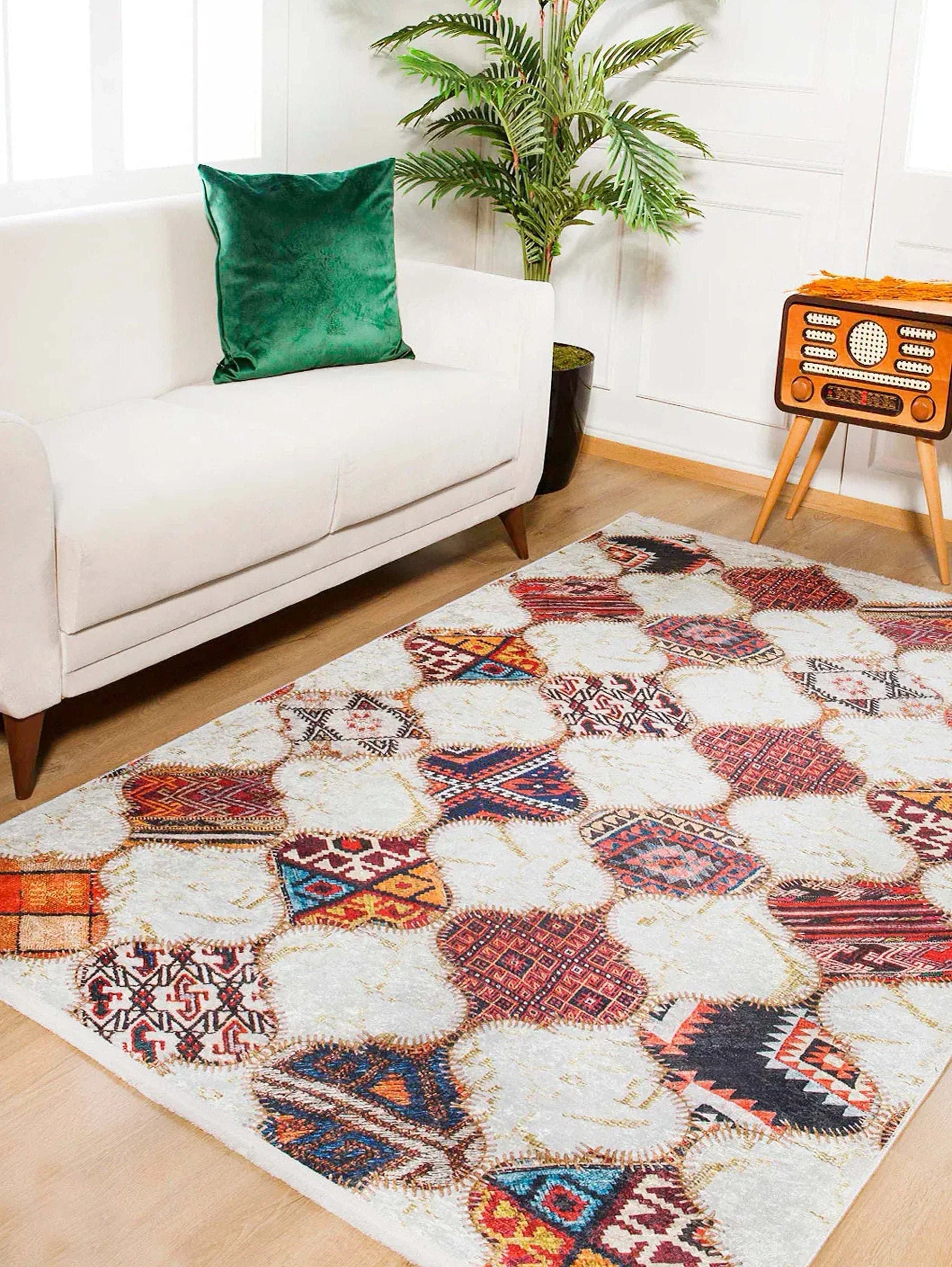 Fas Tarzı Renkli Petek Desenli Patchwork Görünümlü Halı