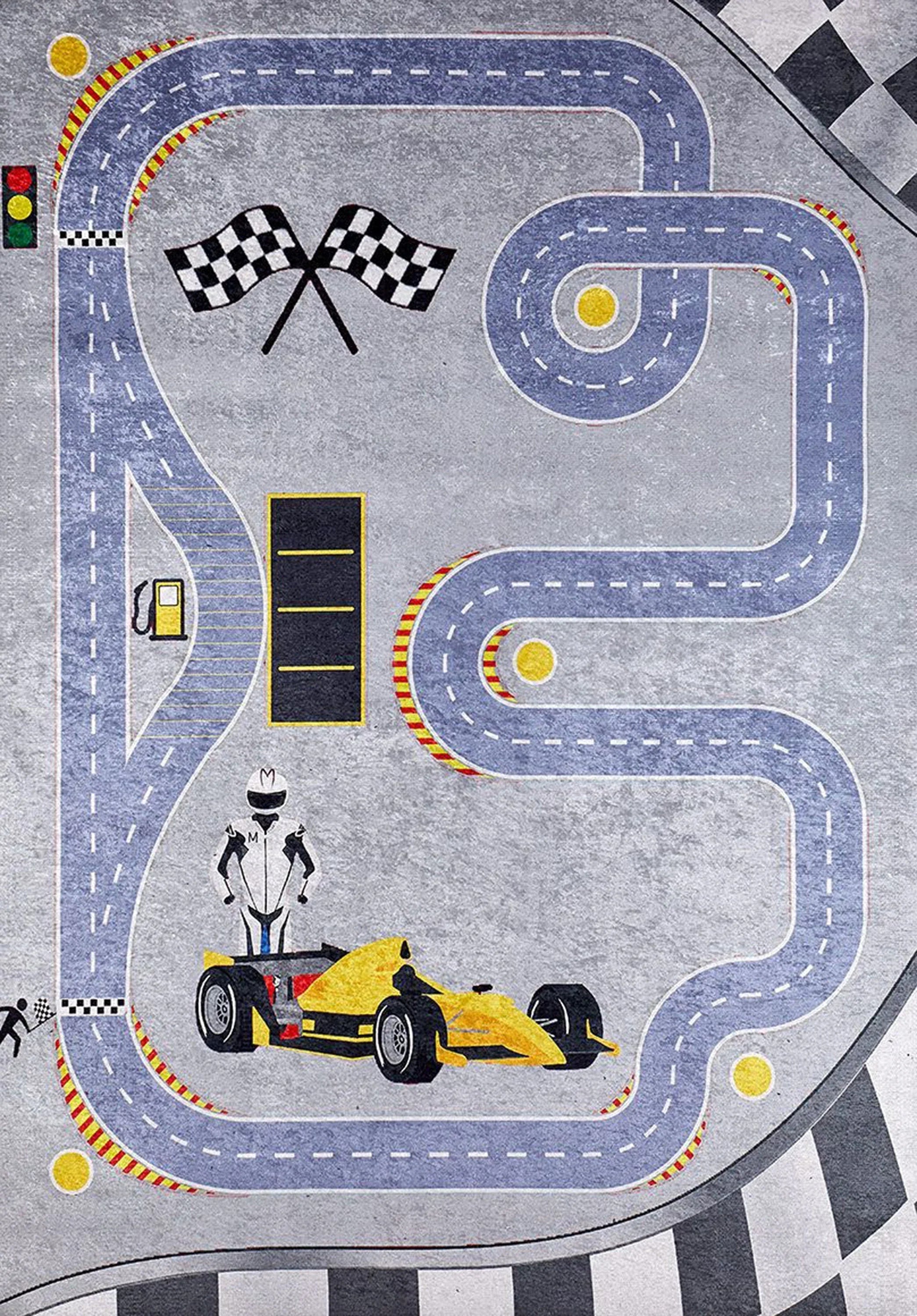 Formula 1 Desenli Gri Çocuk Odası Halısı