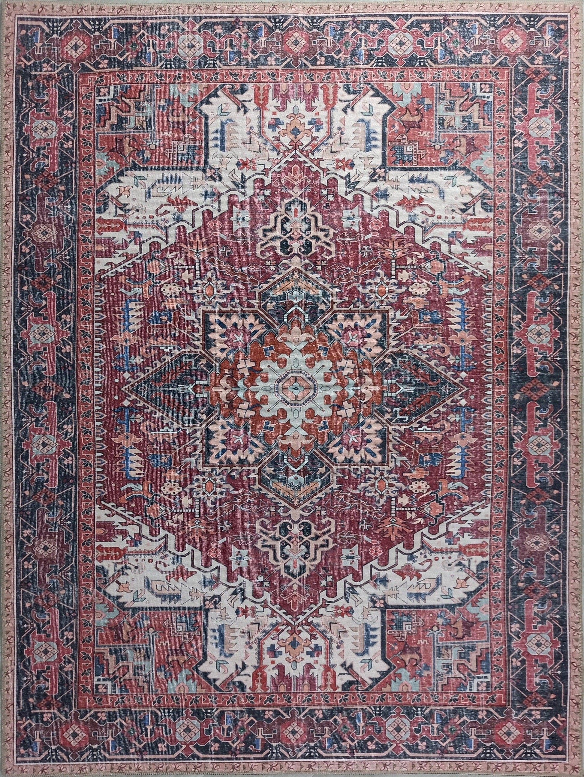 Fușya Pembe ve Kırmızı Madalyon Desenli Vintage Halı