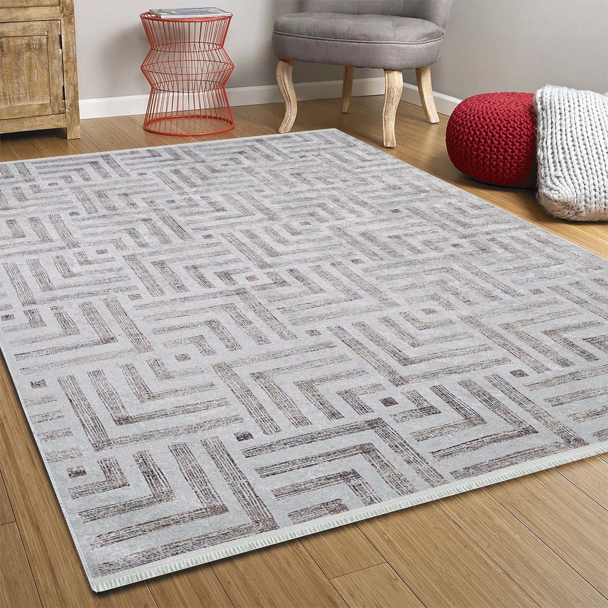 Geometrik Desenli Bej Kahverengi - Siyah Beyaz Modern Halı