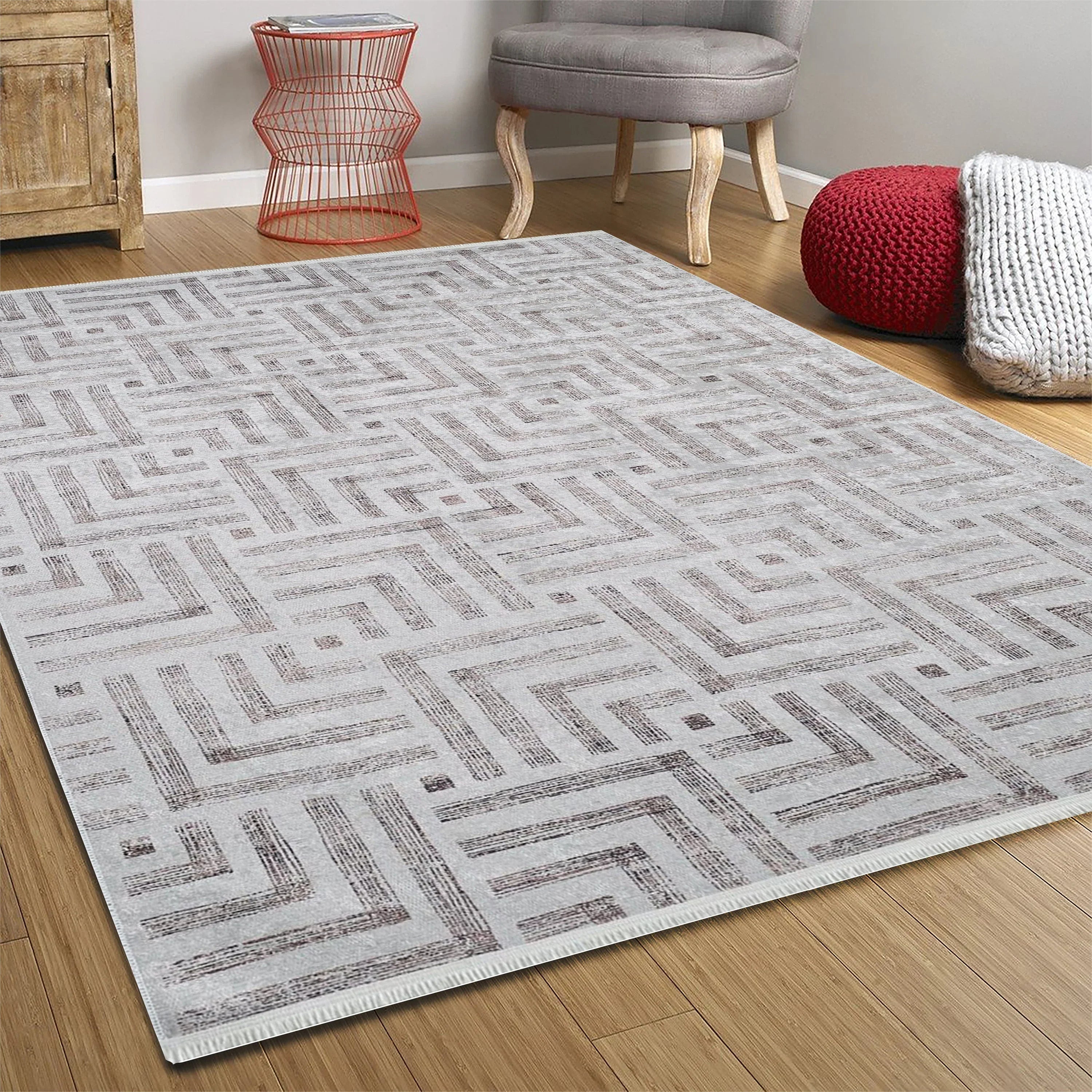 Geometrik Desenli Bej Kahverengi - Siyah Beyaz Modern Halı
