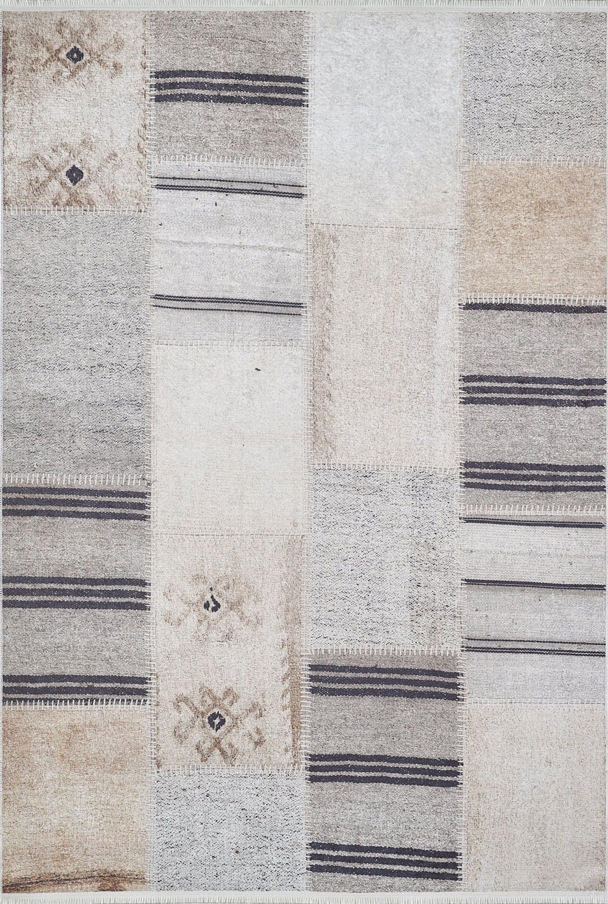Geometrik Desenli Vintage Bej Siyah Kilim Halı