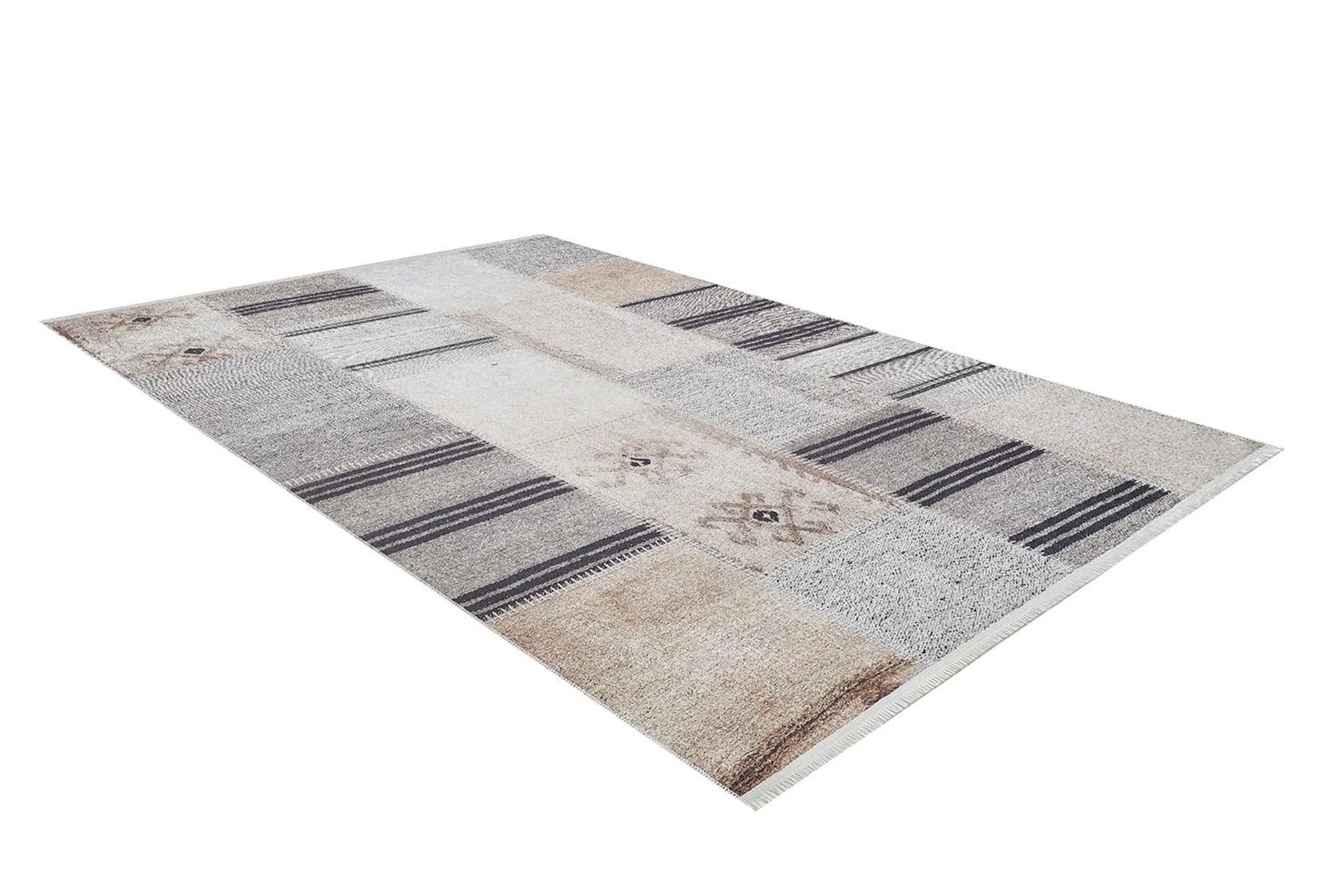 Geometrik Desenli Vintage Bej Siyah Kilim Halı
