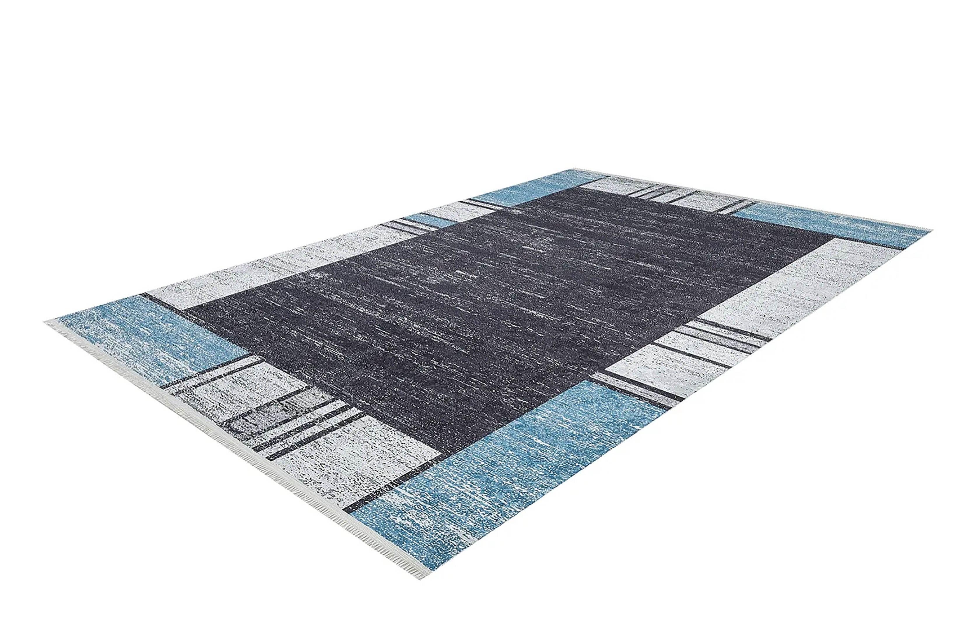 Geometrik Siyah Gri Mavi Halı