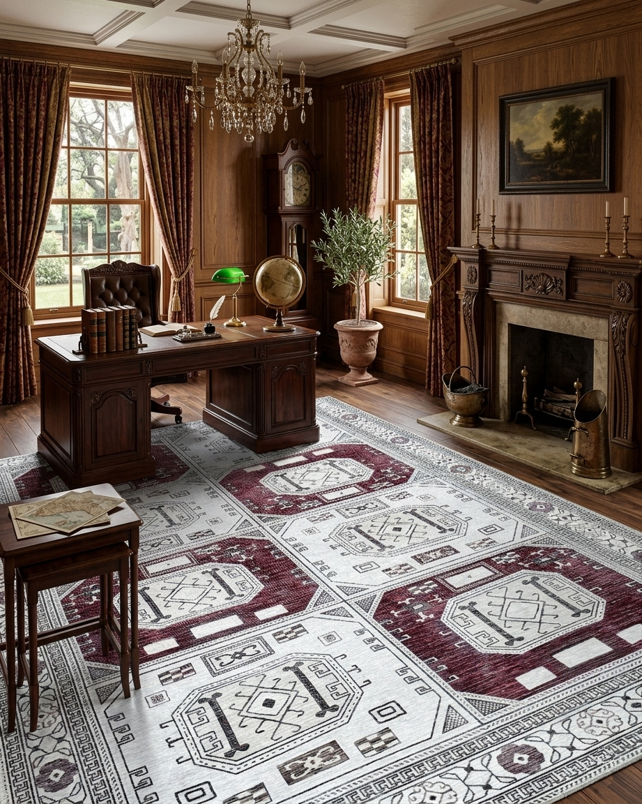 Geometrik Panel Desenli Krem ve Bordo Etnik Halı - Pera Halı