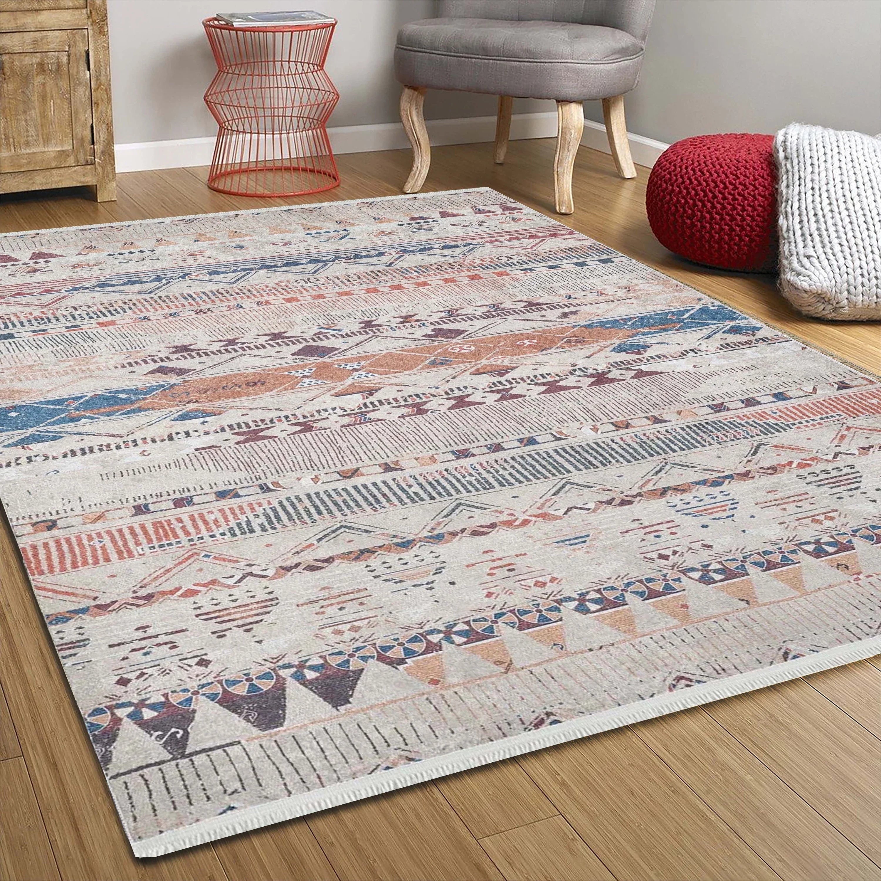 Gri Bej Renkli Geometrik Desenli Anadolu Kilim Halı