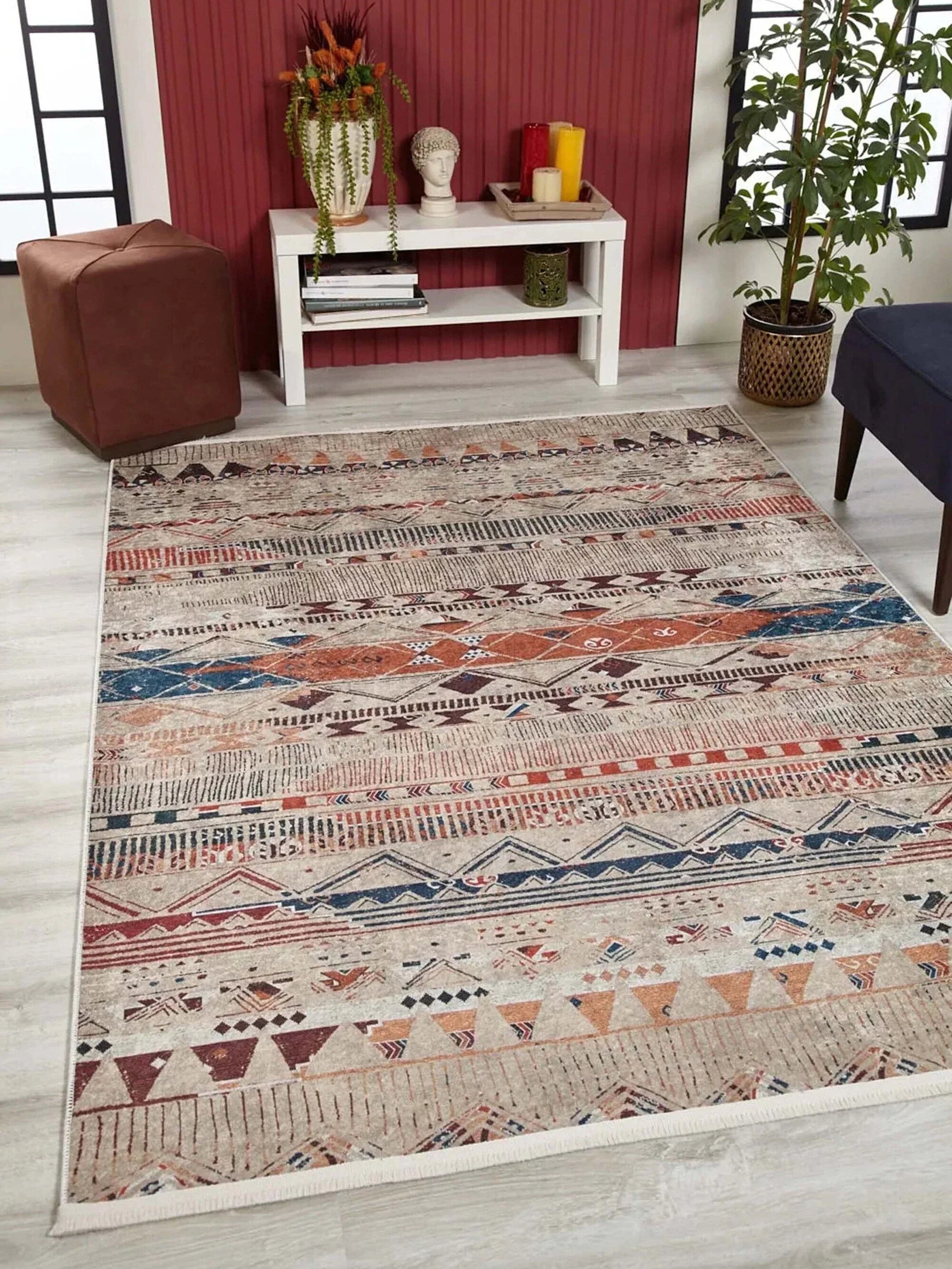 Gri Bej Renkli Geometrik Desenli Anadolu Kilim Halı