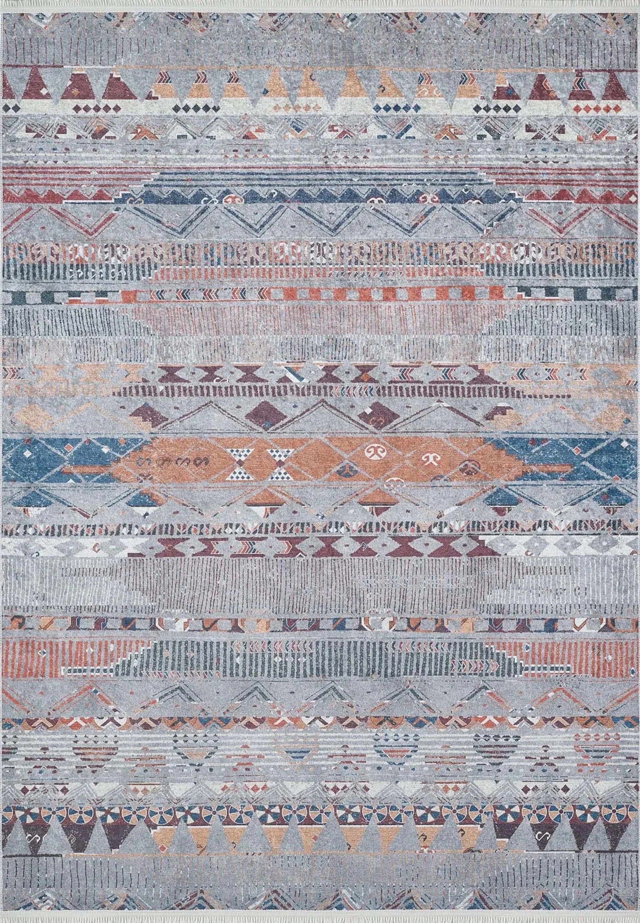 Gri Bej Renkli Geometrik Desenli Anadolu Kilim Halı