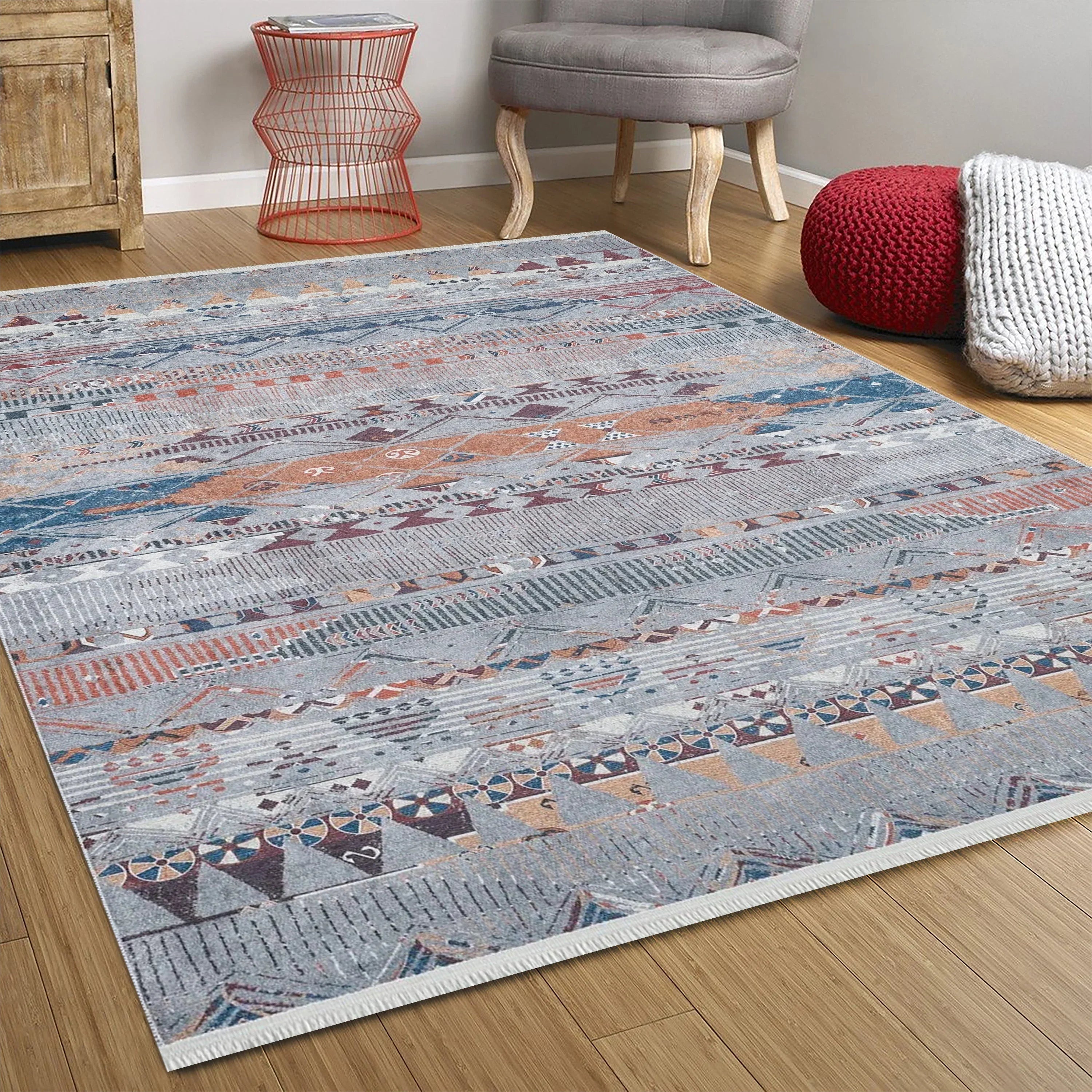 Gri Bej Renkli Geometrik Desenli Anadolu Kilim Halı