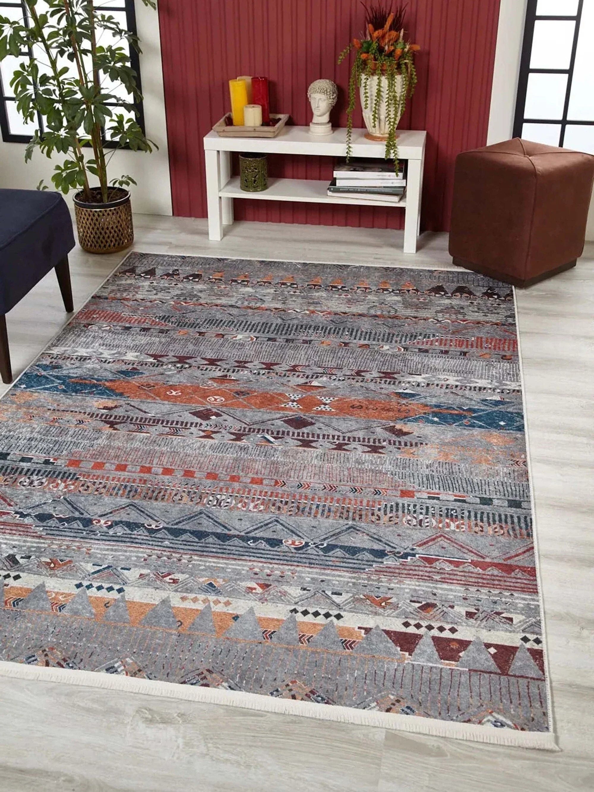 Gri Bej Renkli Geometrik Desenli Anadolu Kilim Halı