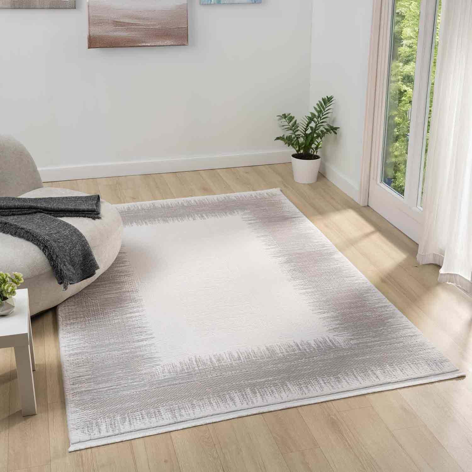 Gri Beyaz Bordürlü Modern Halı