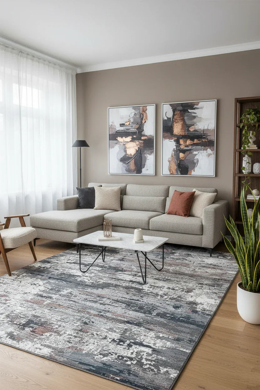 Gri, Beyaz ve Pas Tonlarında Modern Soyut Sanat Halısı