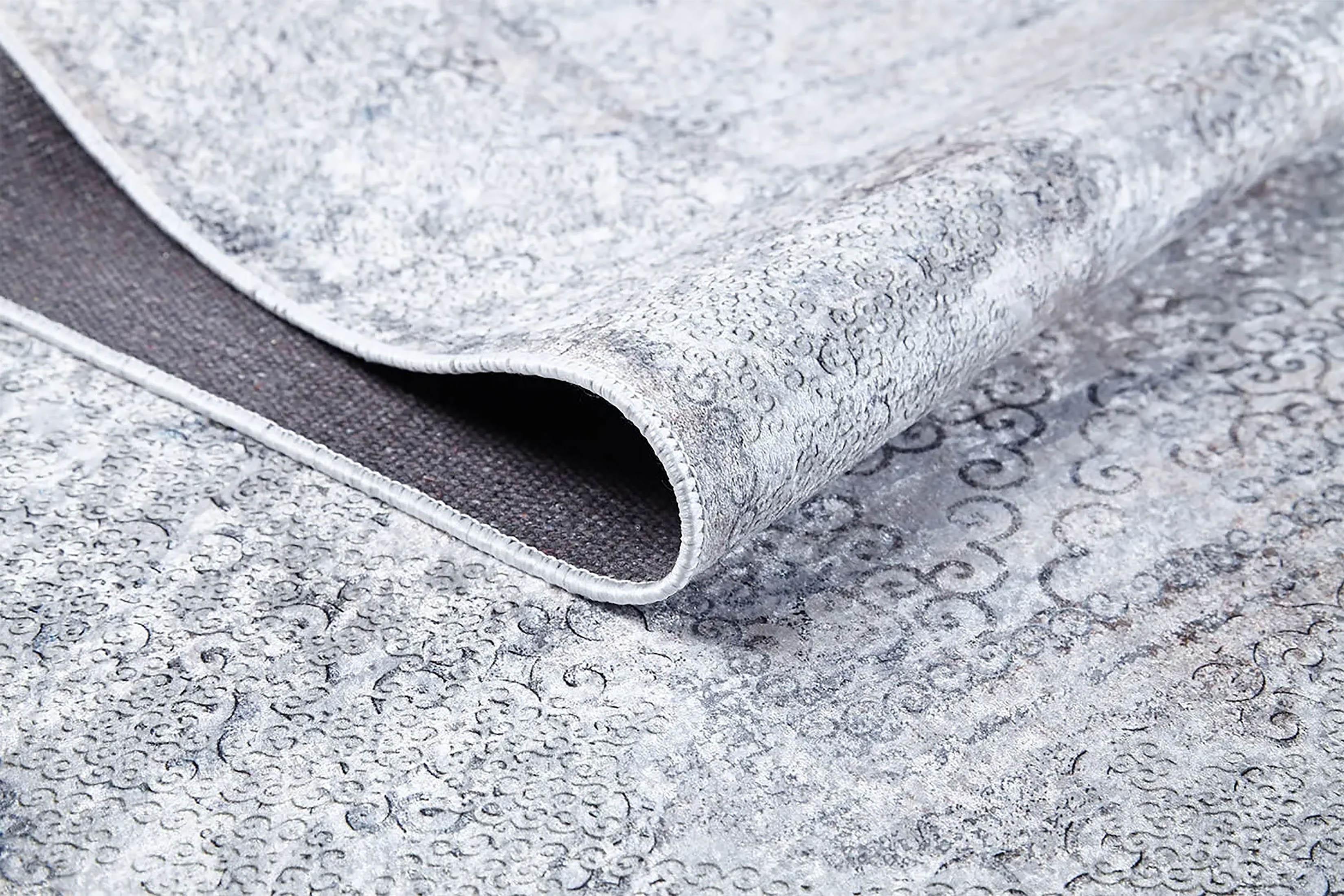 Gri Çiçekli Vintage Geometrik Madalyon Halı
