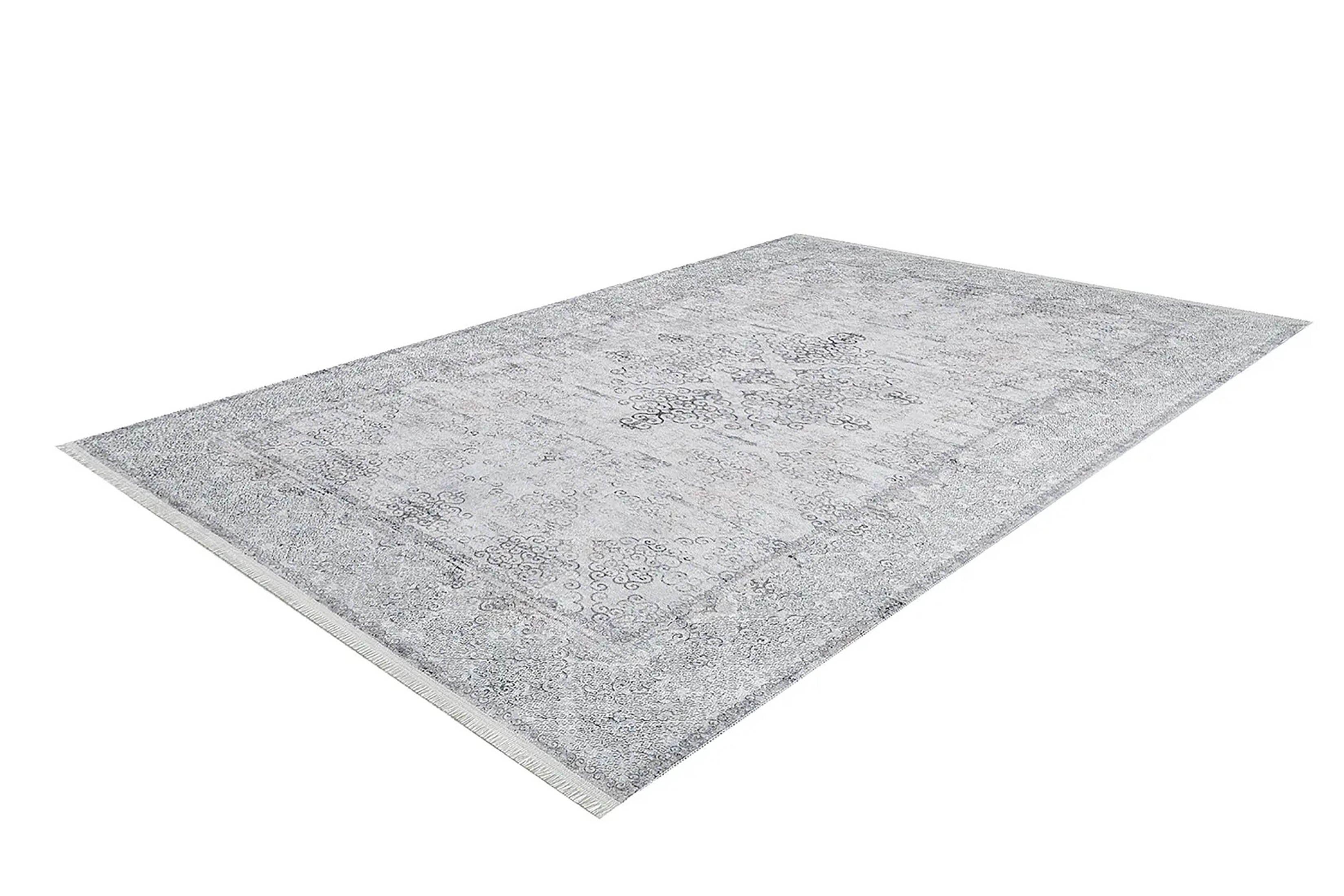 Gri Çiçekli Vintage Geometrik Madalyon Halı