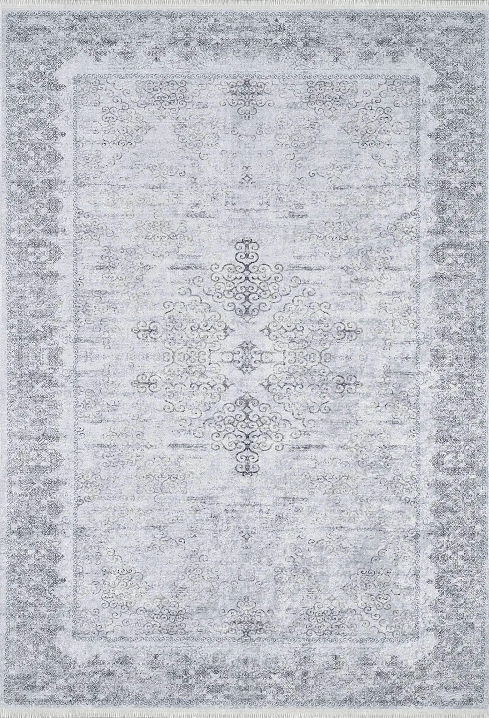Gri Çiçekli Vintage Madalyonlu Halı