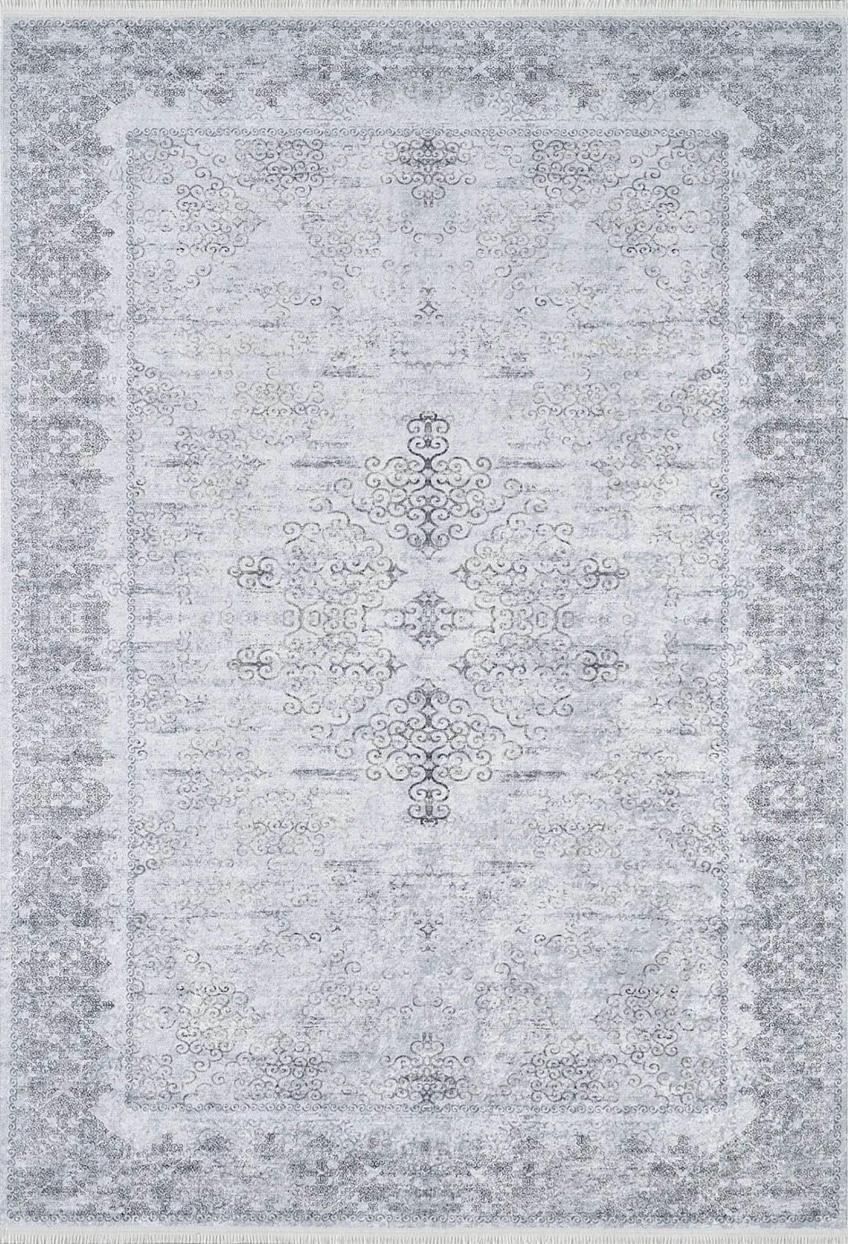 Gri Çiçekli Vintage Madalyonlu Halı