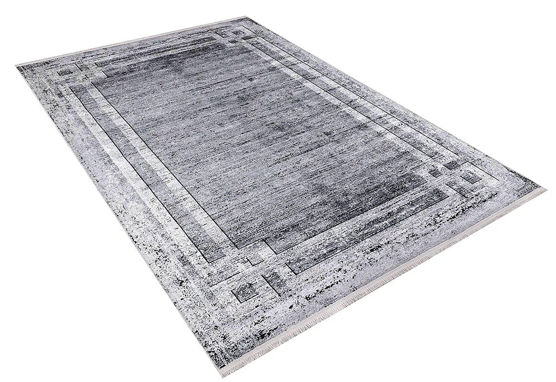 Gri Eskitme Geometrik Bordürlü Modern Halı