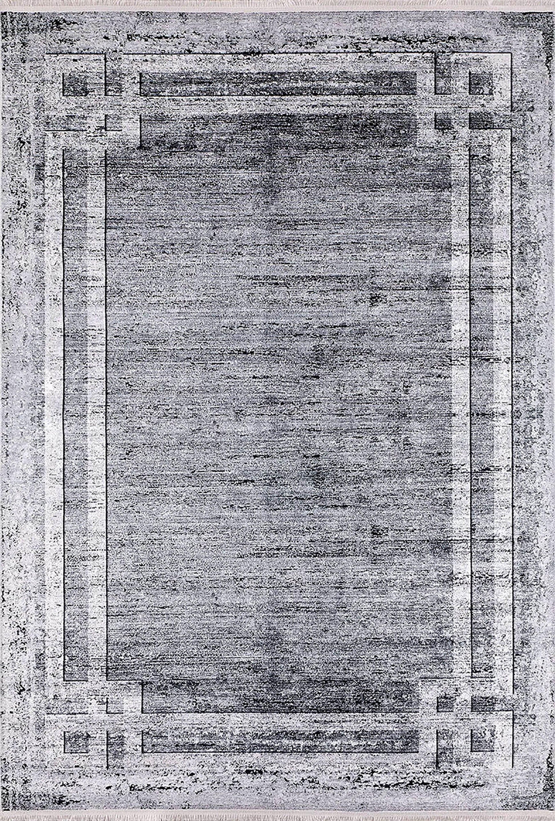 Gri Eskitme Geometrik Bordürlü Modern Halı