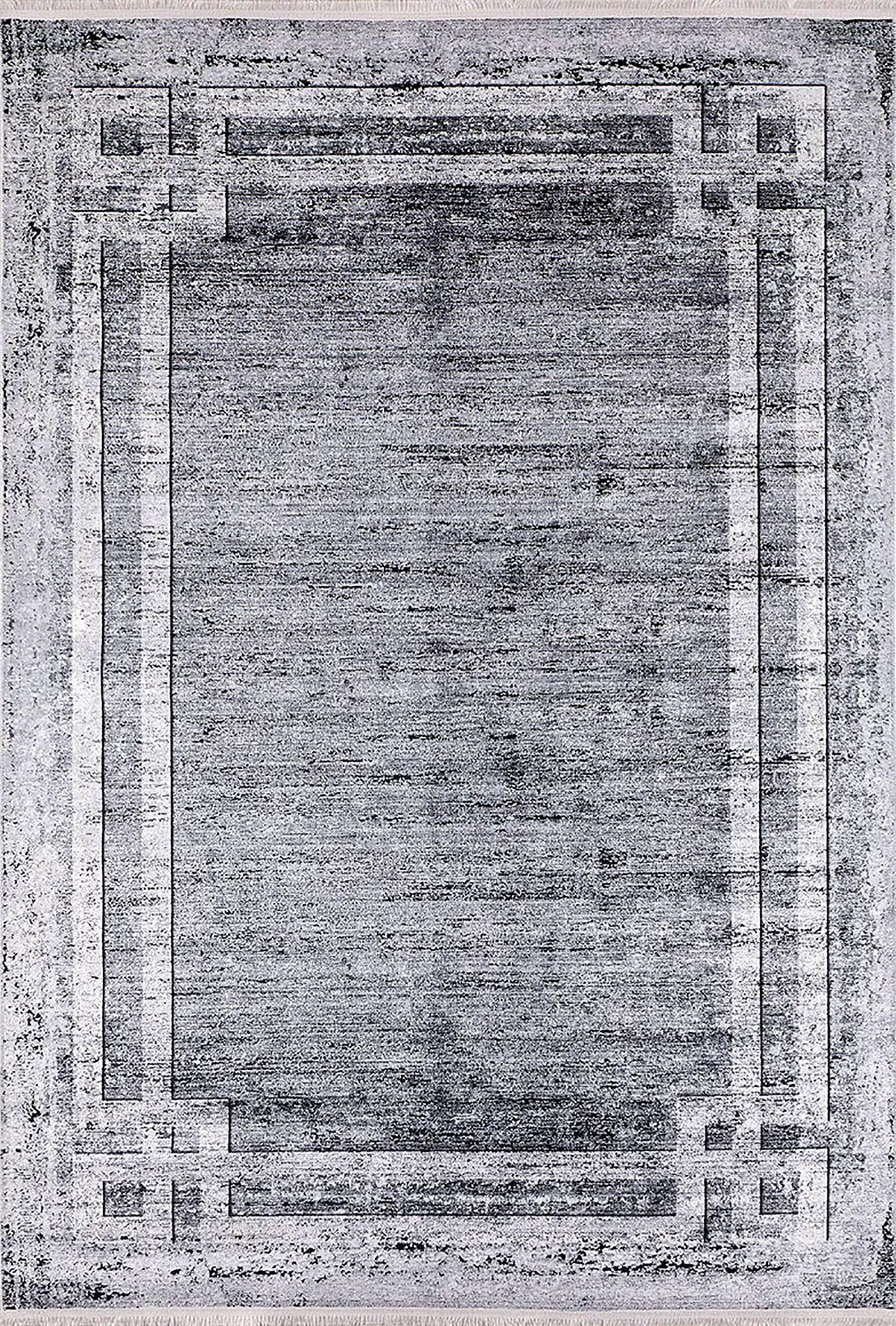 Gri Eskitme Geometrik Bordürlü Modern Halı