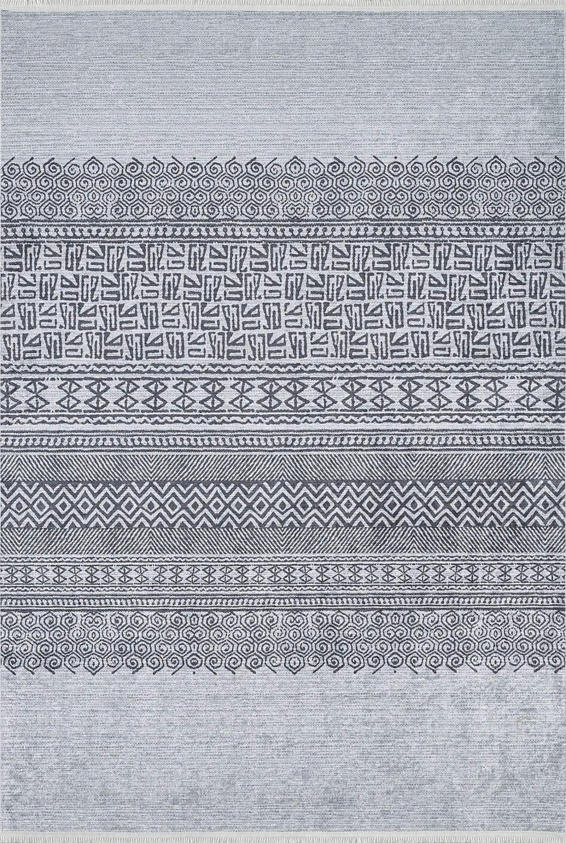 Gri Etnik Geometrik Desenli Modern Bohem Halı