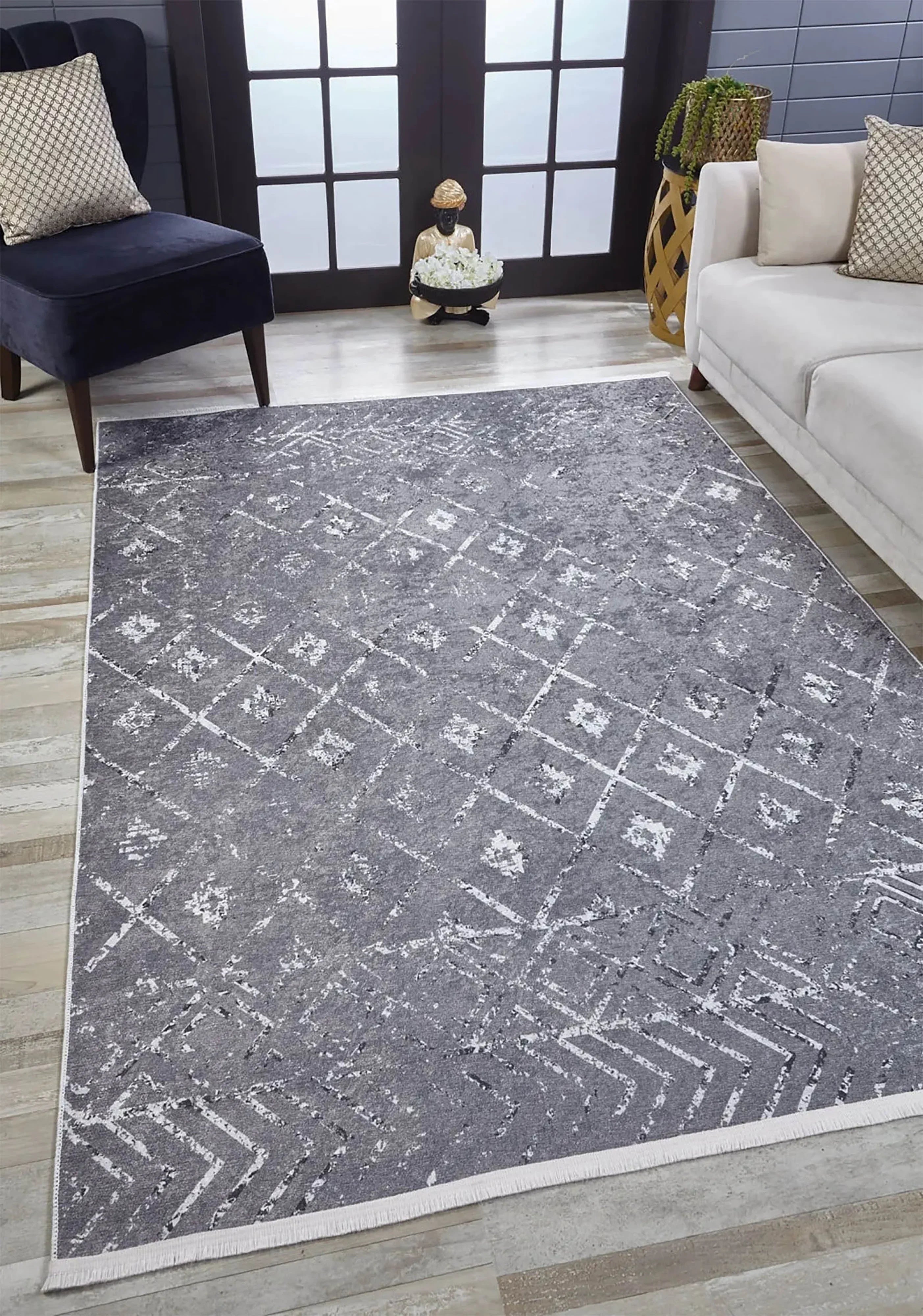 Gri Geometrik Antika Benzersiz Vintage Halı
