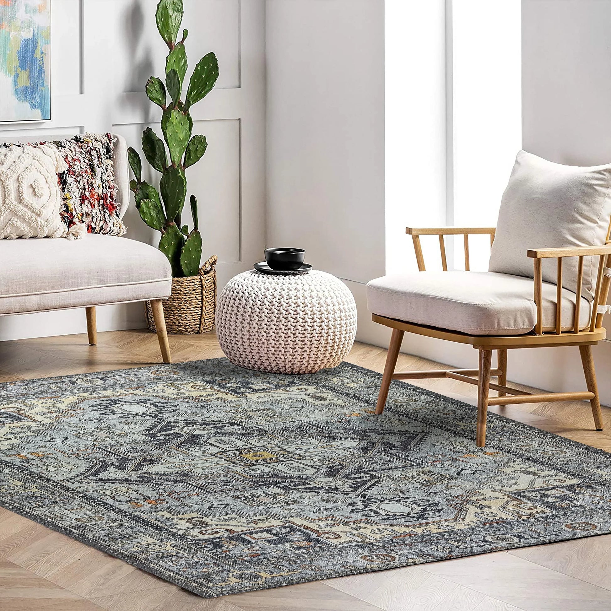 Gri Geometrik Desenli Vintage Halı