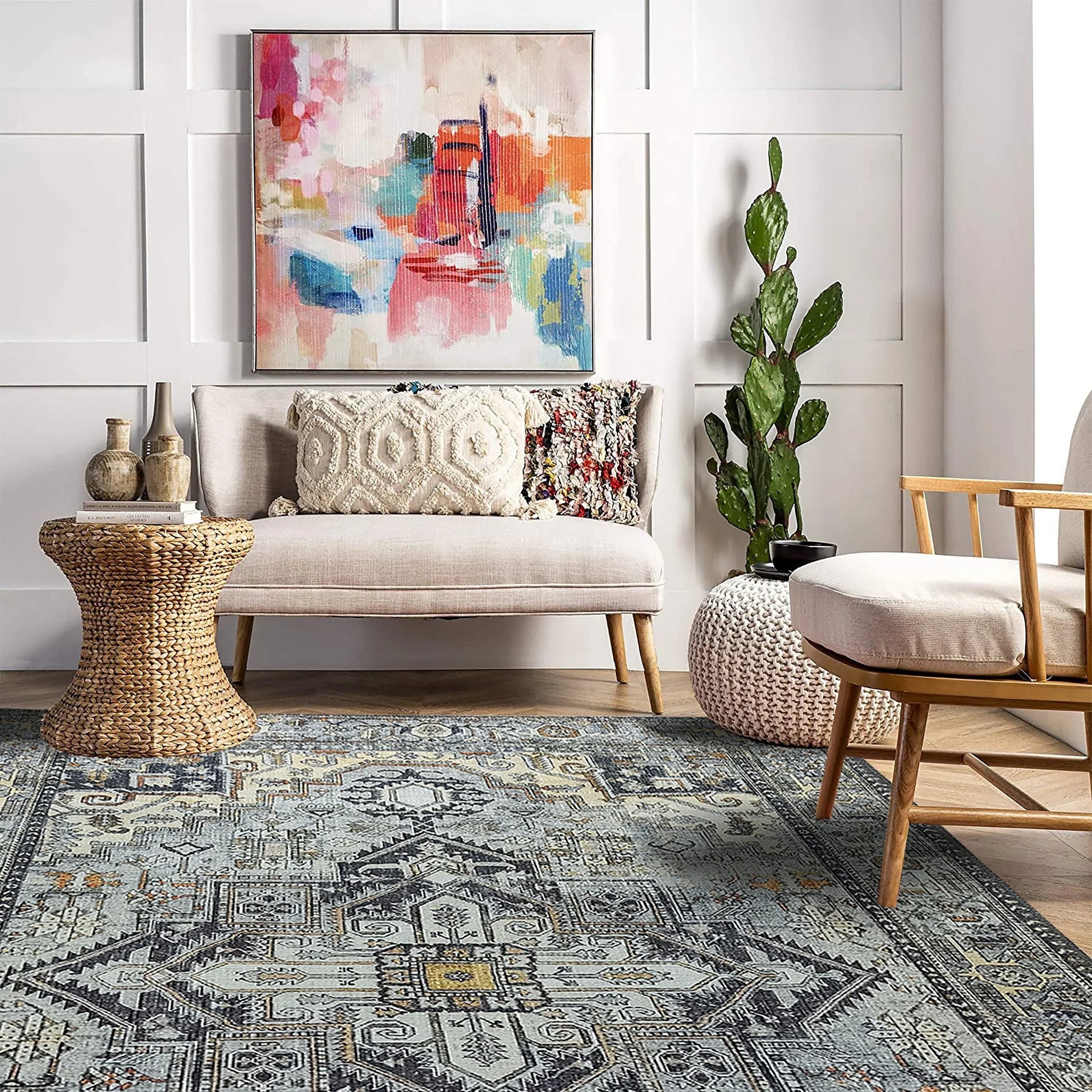 Gri Geometrik Desenli Vintage Halı