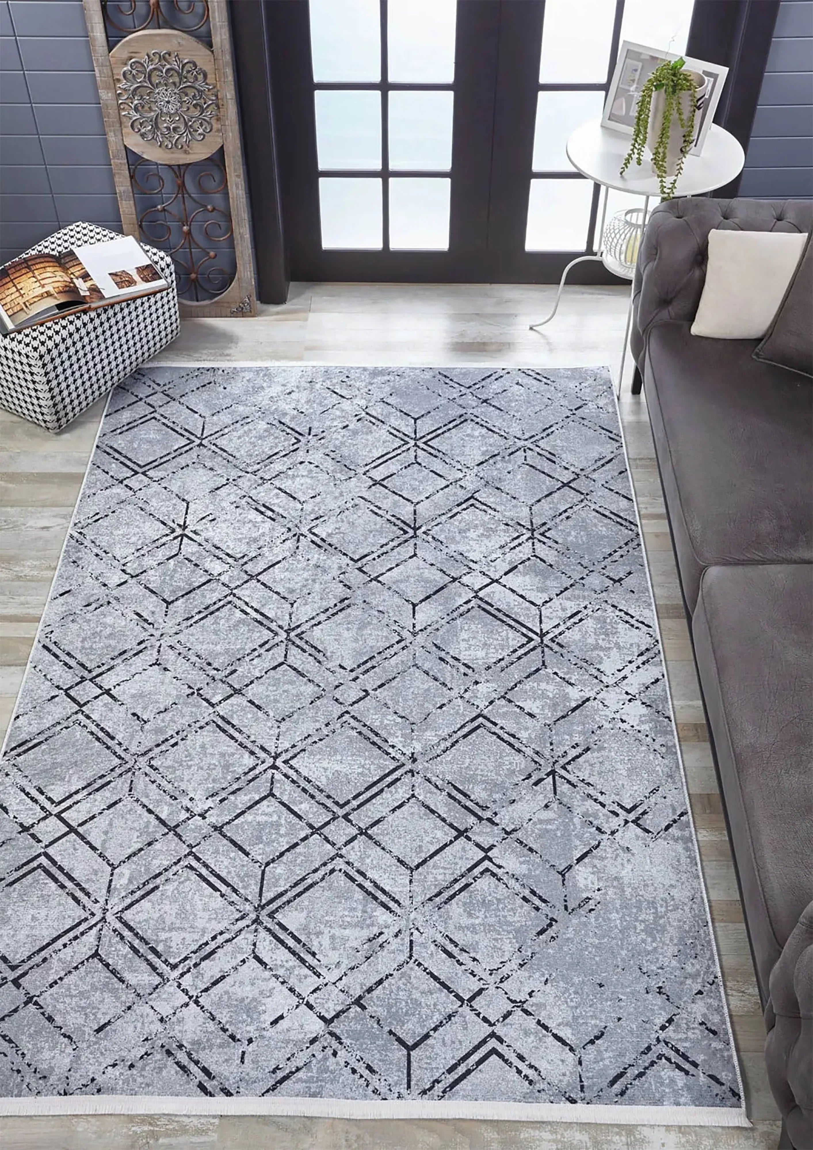 Gri Geometrik Vintage Antika Halı