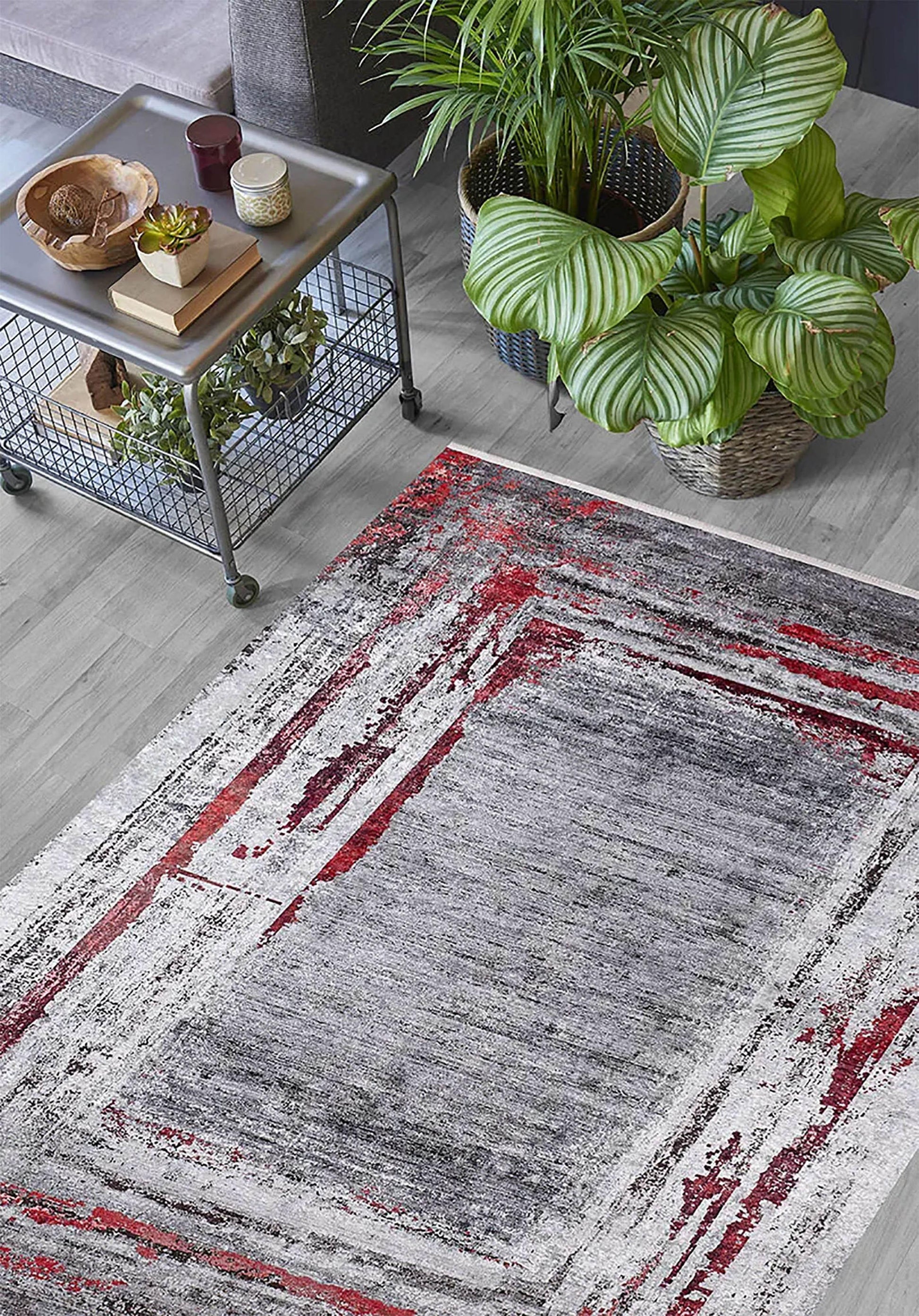Gri Kırmızı Fırça Darbesi Desenli Modern Halı