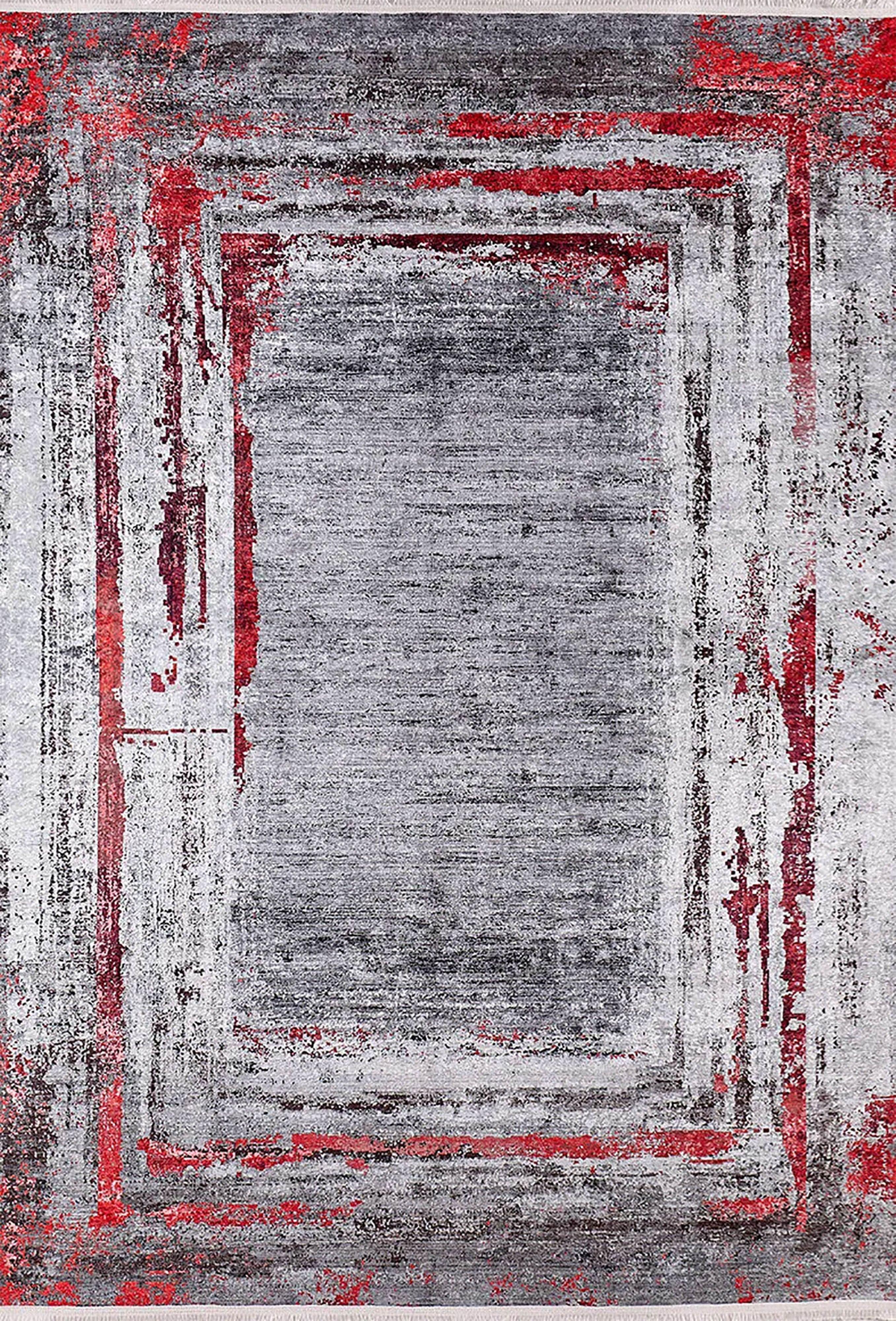 Gri Kırmızı Fırça Darbesi Desenli Modern Halı