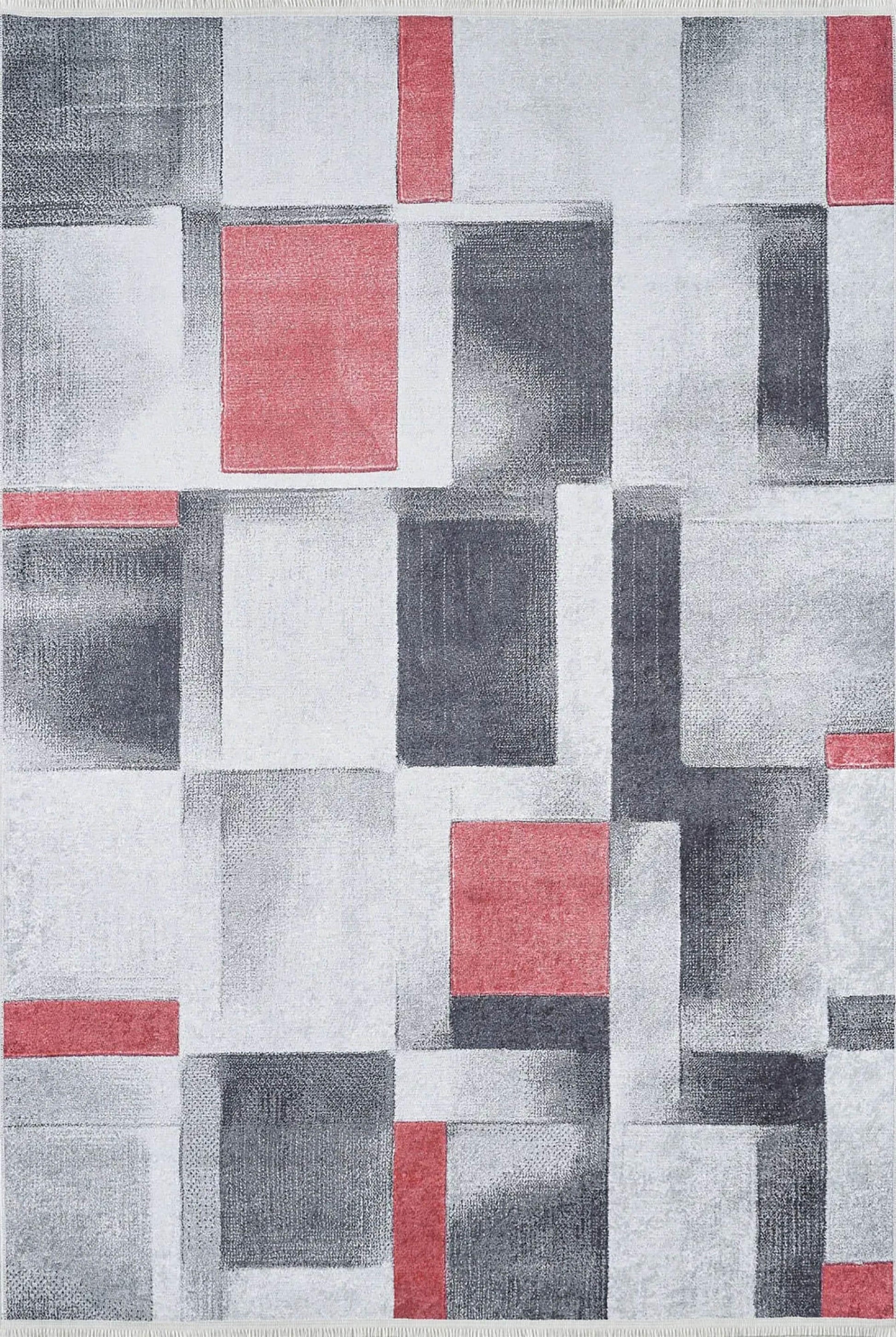 Gri Kırmızı Modern Geometrik Halı