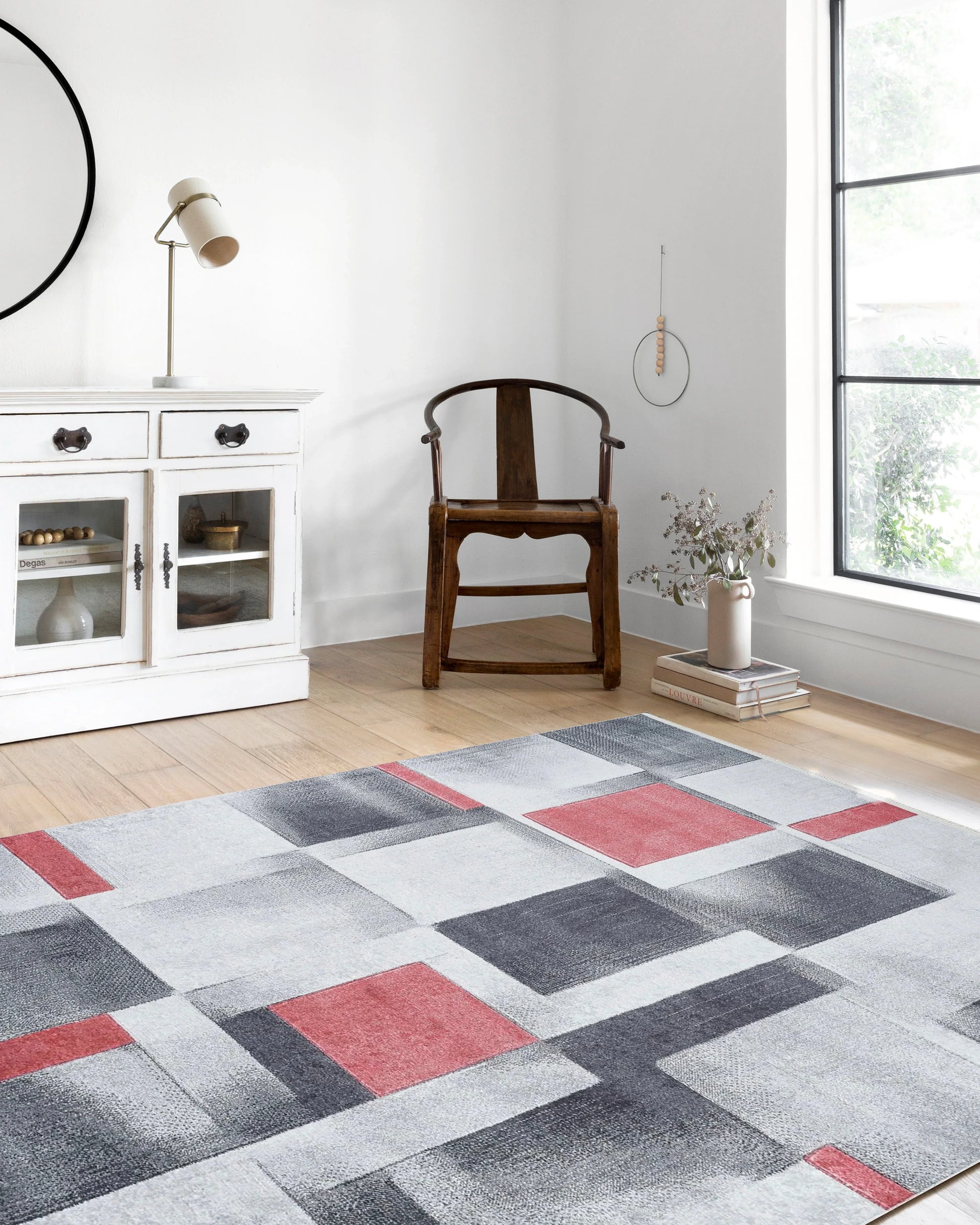 Gri Kırmızı Modern Geometrik Halı
