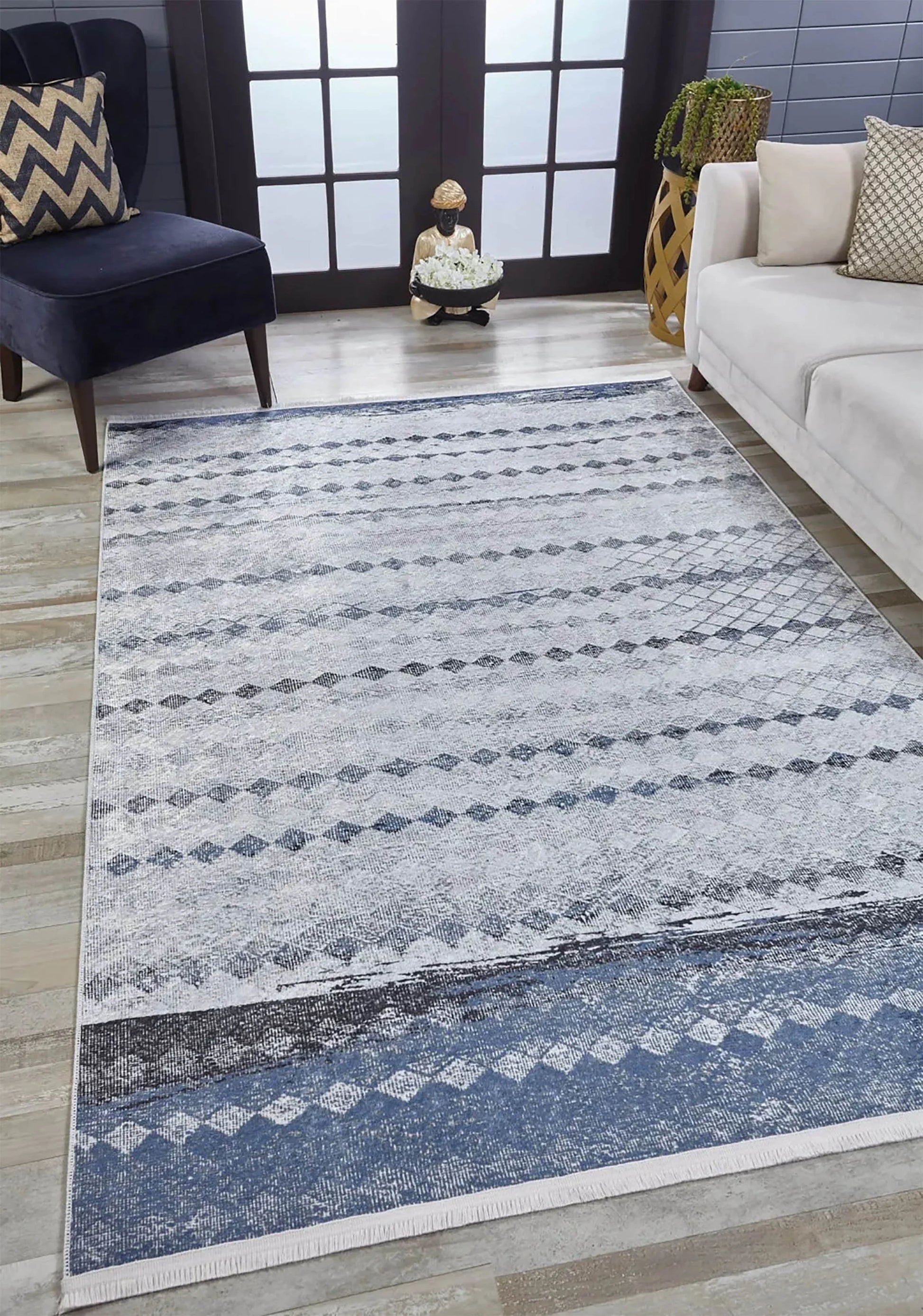 Gri Mavi Geometrik Antik Vintage Halı