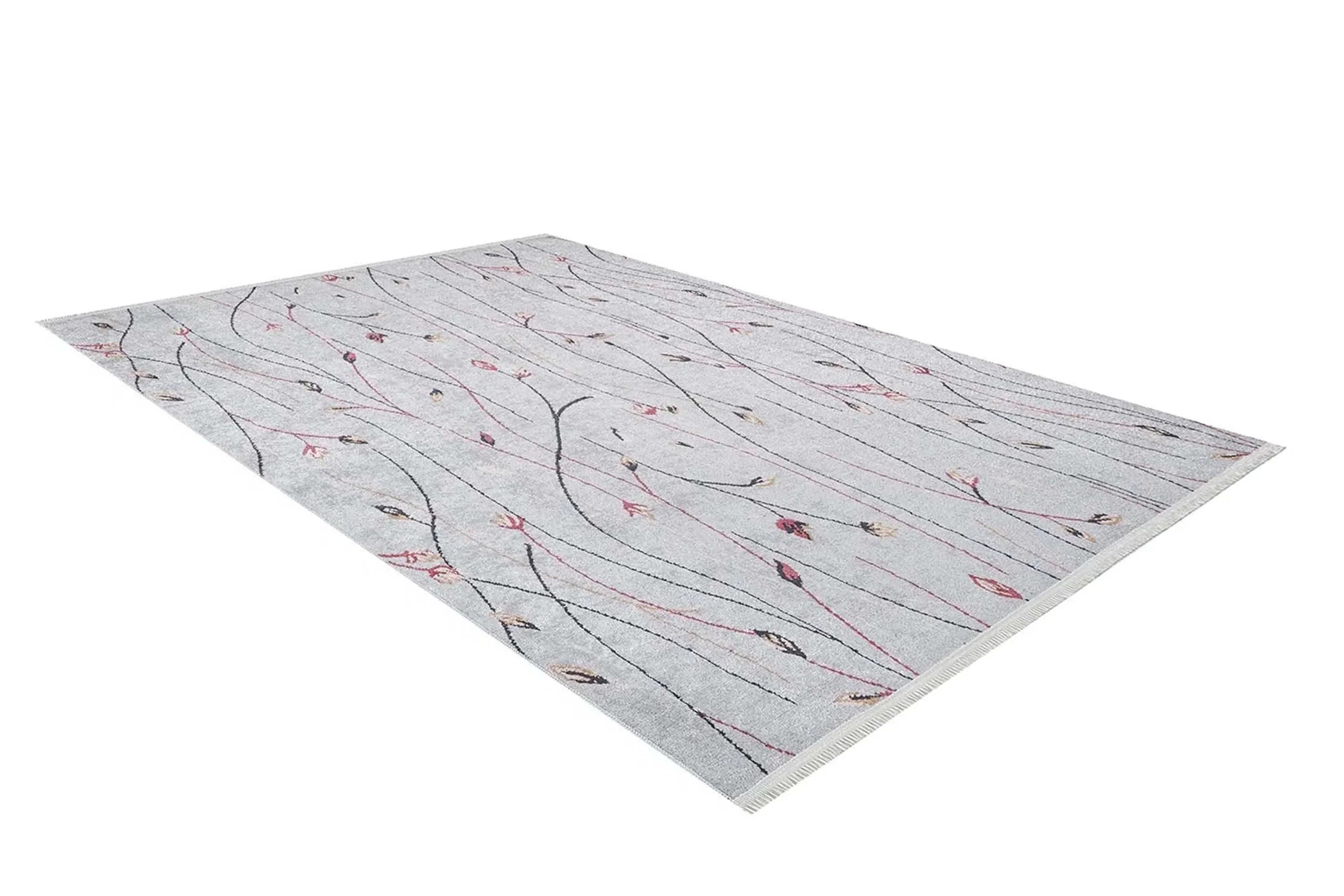 Gri Minimalist Çiçek Desenli Halı