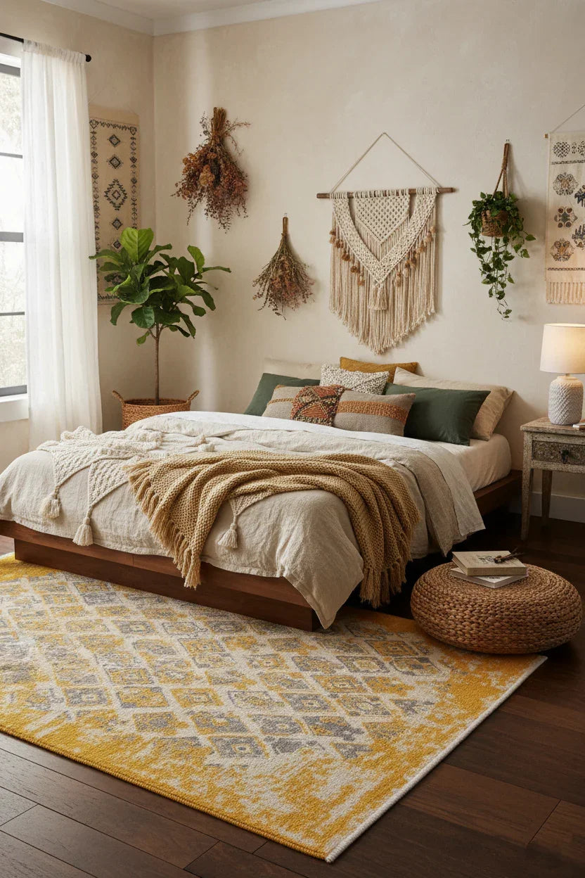 Gri Sarı Çift Taraflı Modern Vintage Yıkanabilir Antibakteriyel Halı