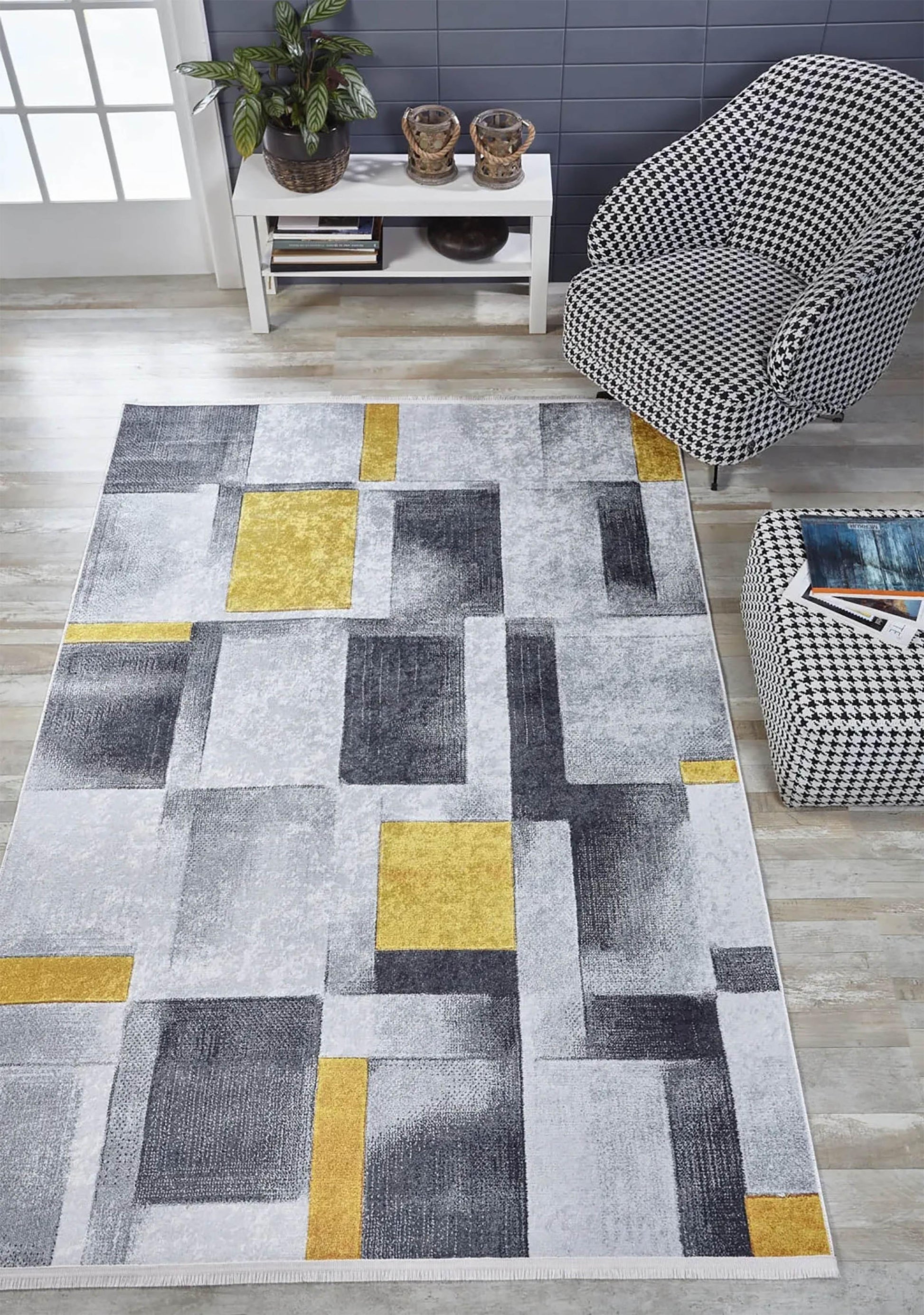 Gri Sarı Modern Geometrik Halı