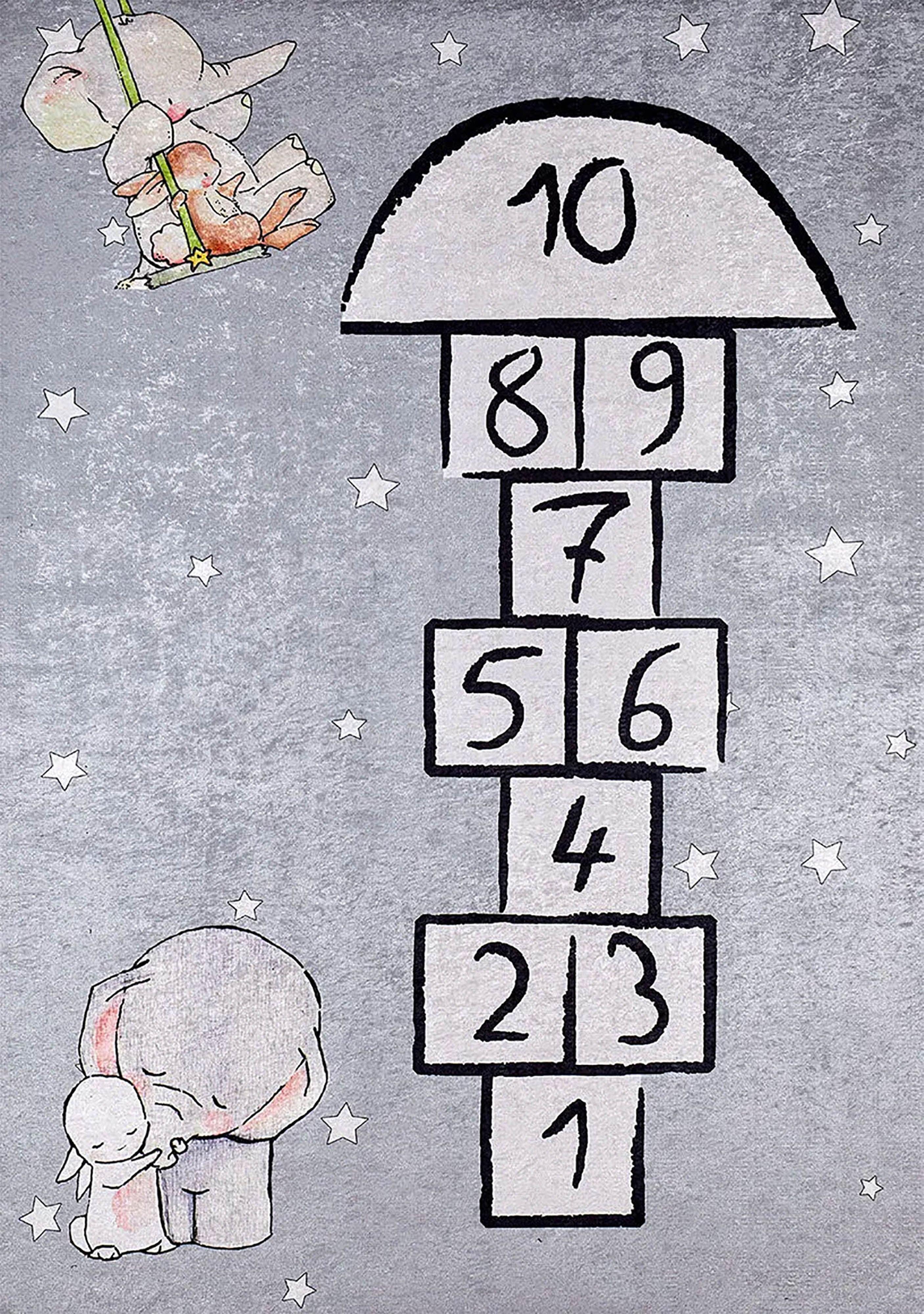 Gri Seksek Desenli Fil ve Tavşan Figürlü Çocuk Halısı