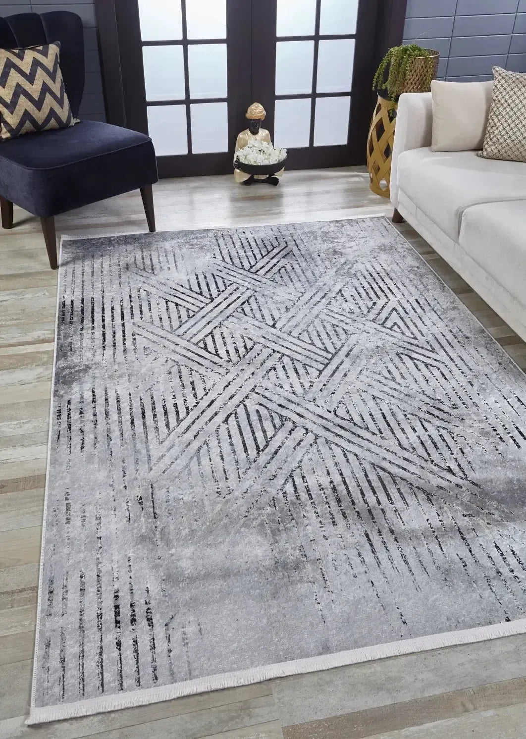 Gri Siyah Çapraz Çizgili Modern Halı