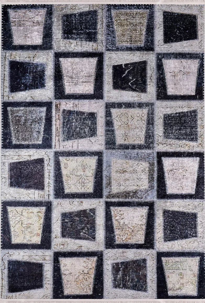 Gri Siyah Çerçeveli Kare Patchwork Görünümlü Halı