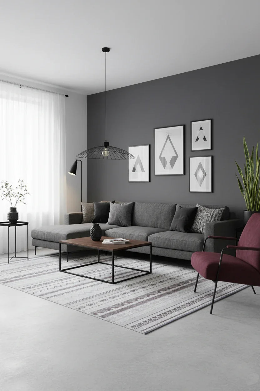 Gri Siyah Pamuk Polyester Modern İskandinav Yıkanabilir Halı
