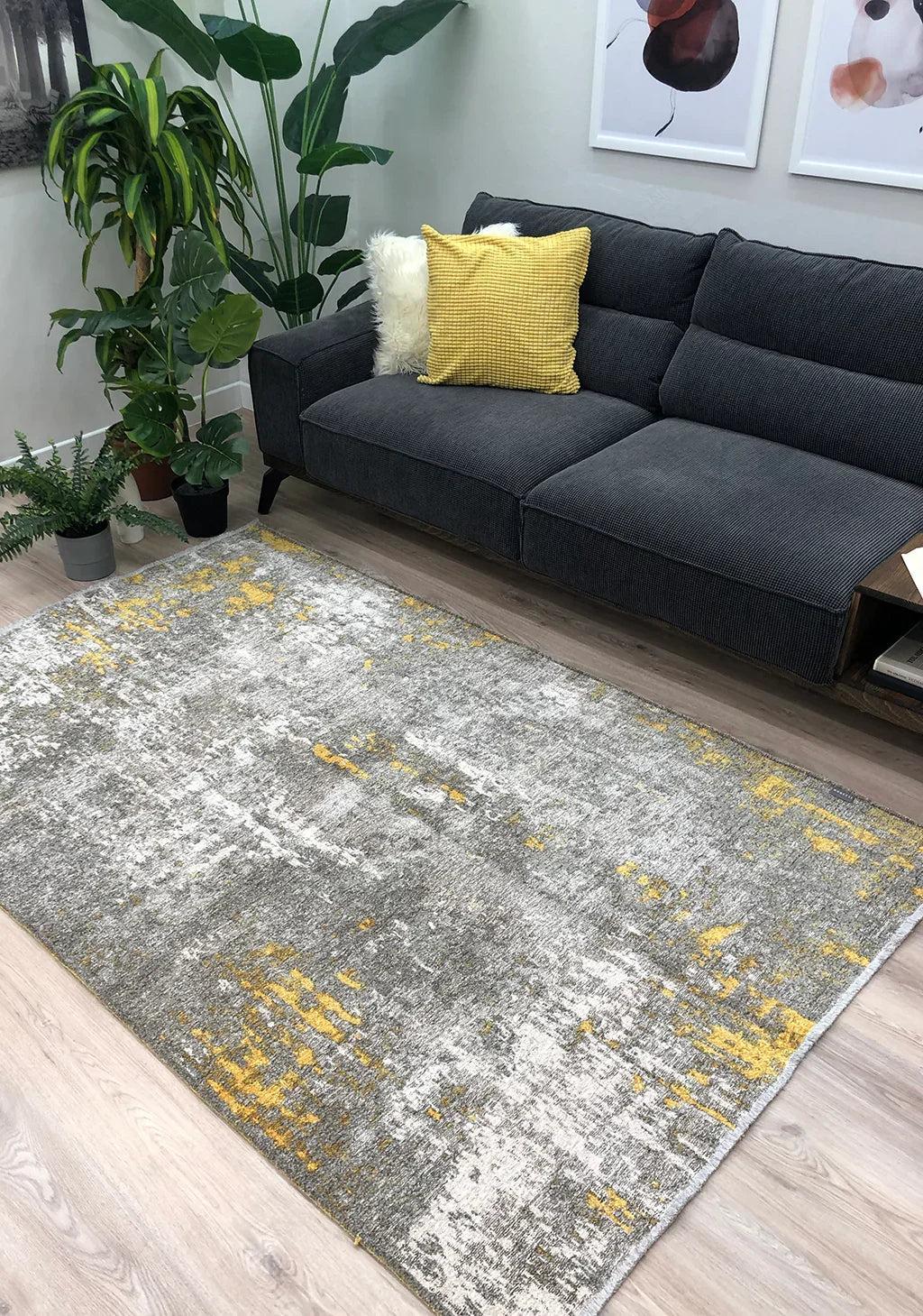 Gri Siyah ve Sarı Altın Çift Taraflı Modern Yıkanabilir Antibakteriyel Halı
