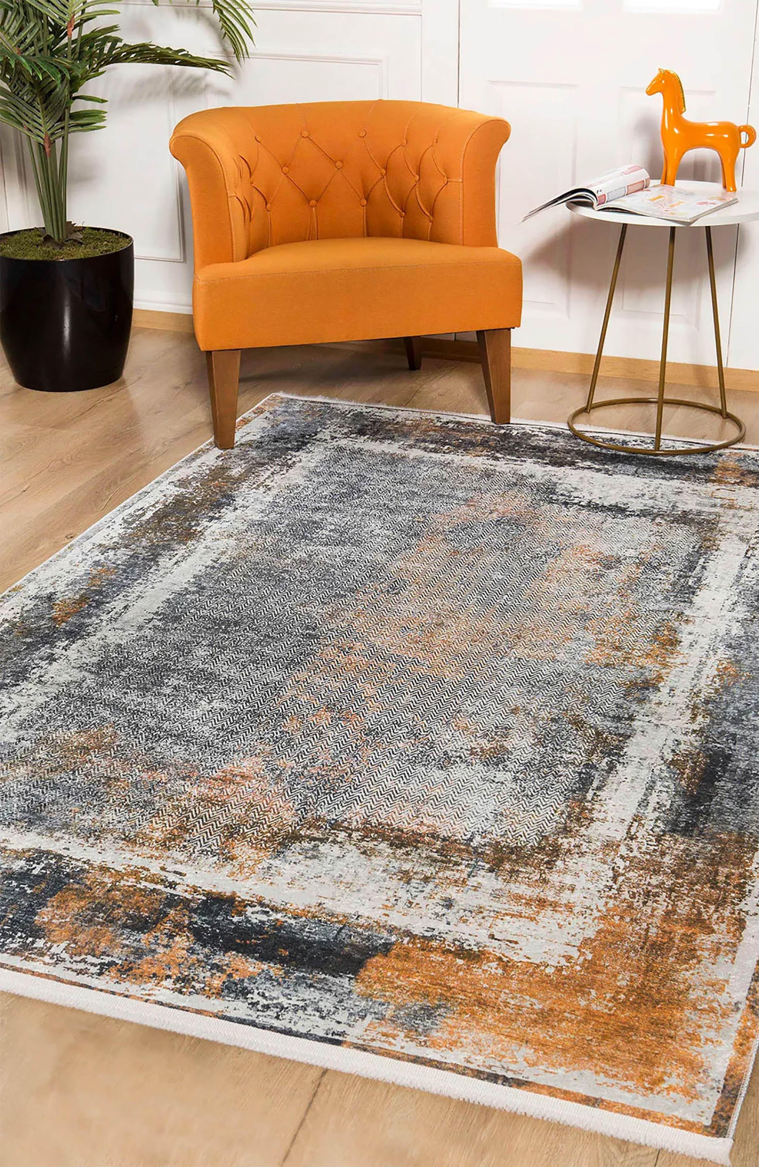 Gri Turuncu Eskitme Modern Halı