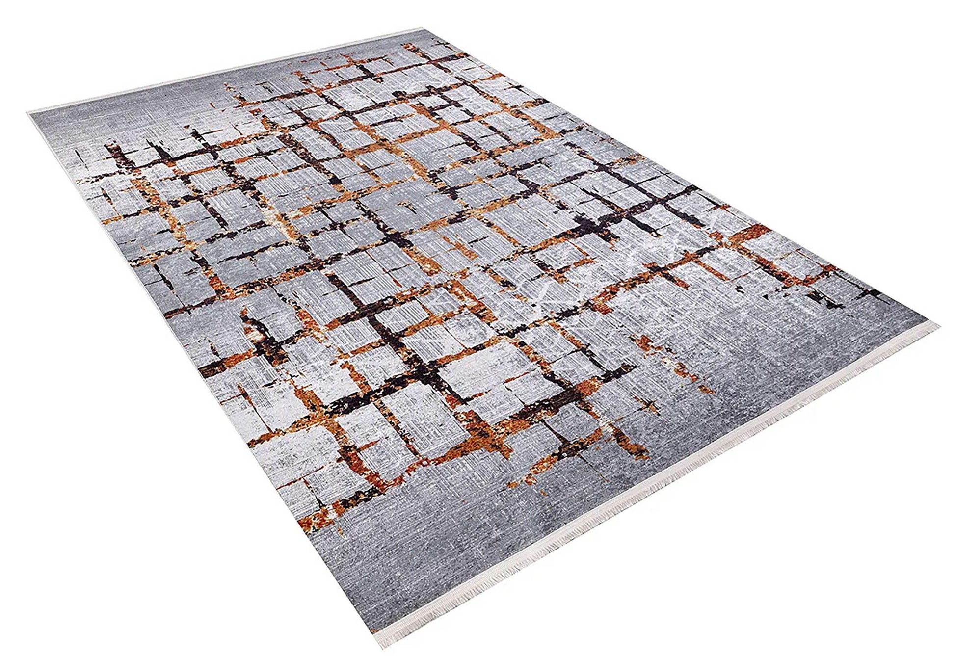 Gri Turuncu Izgara Desen Modern Halı